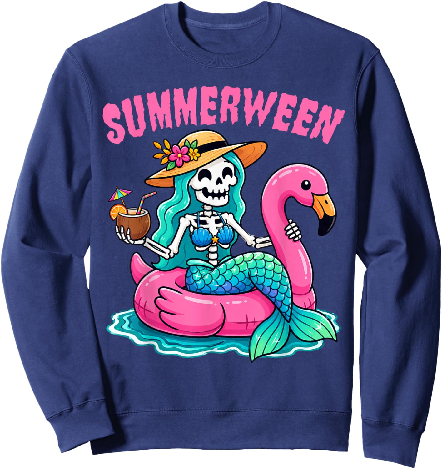 Summerween Skeleton Mermaid Beach Flamingo Halloween Girl Sweatshirt - Sweatshirt | Navy