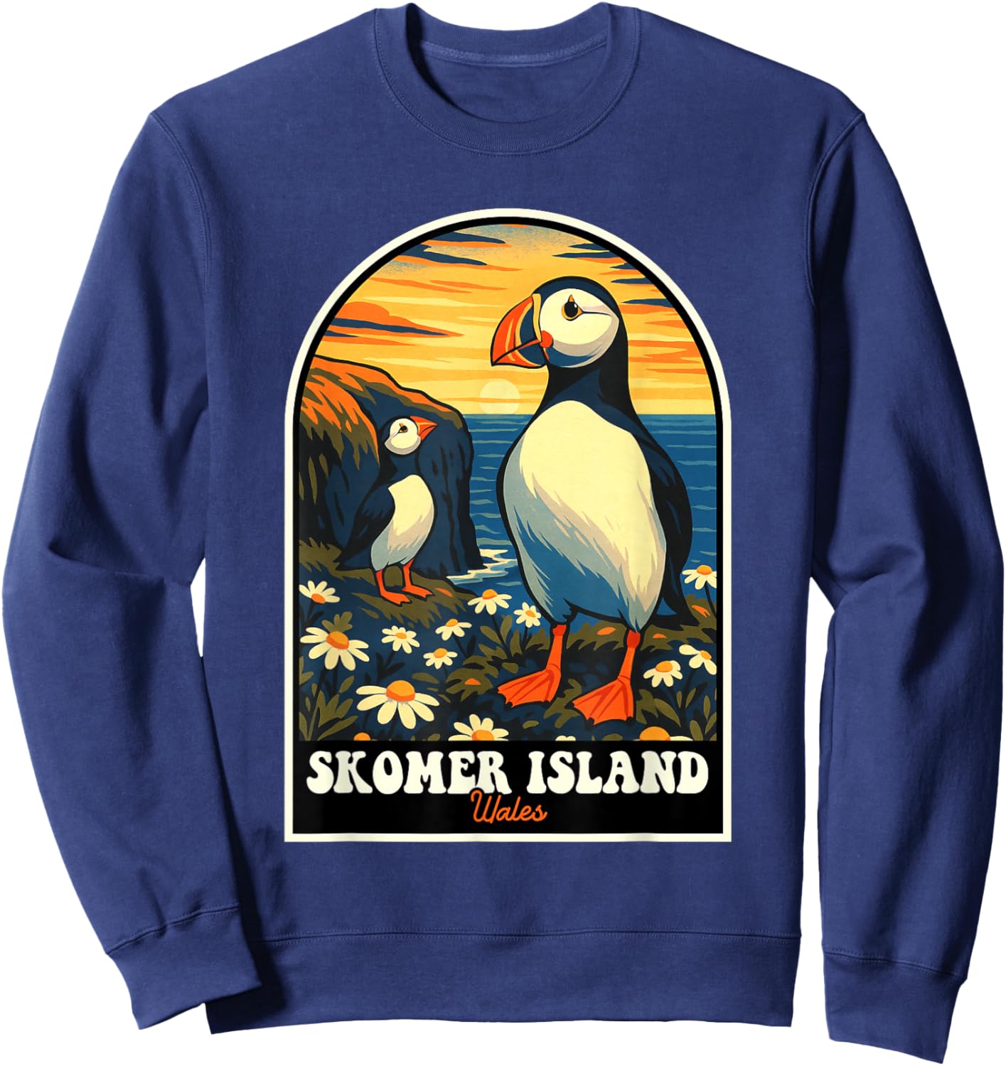Skomer Island Puffins Vintage Wales Travel Design Sweatshirt - Sweatshirt | Navy