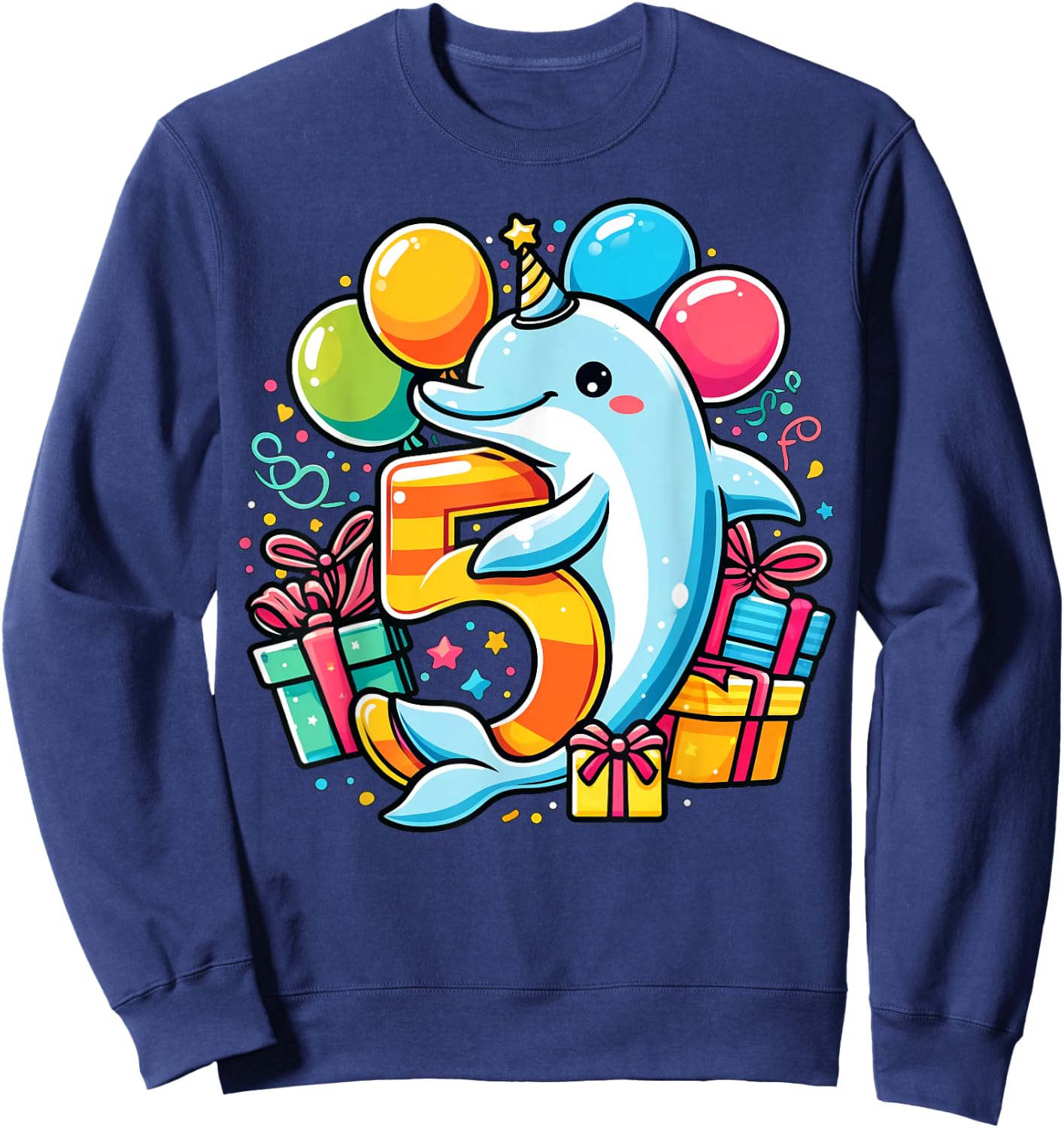 Kids Dolphin Theme fifth Bday Party 5th Dolphin Birthday Sweatshirt - Sweatshirt | Navy