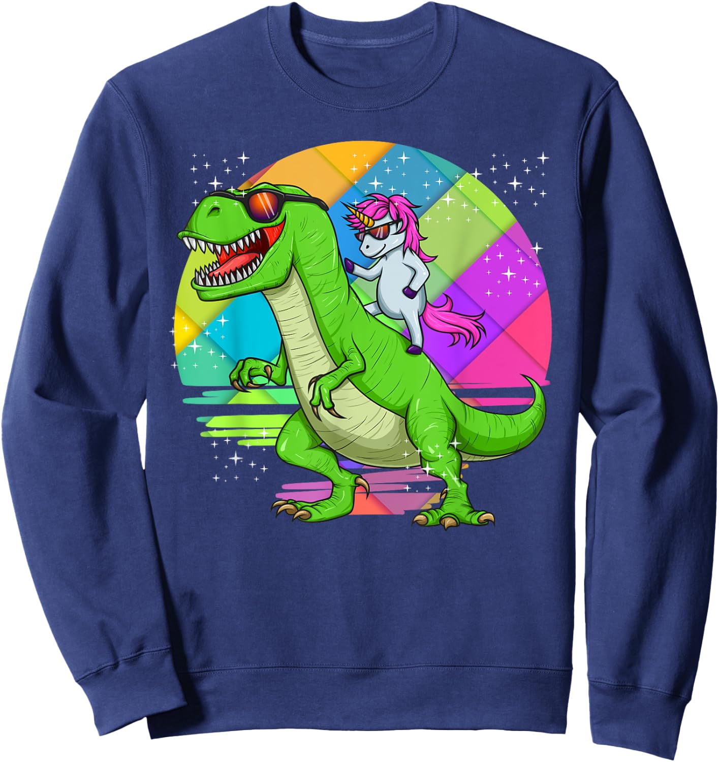 Unicorn Riding Dinosaur T Rex Rainbow Cute Fun Gift Sweatshirt - Sweatshirt | Navy