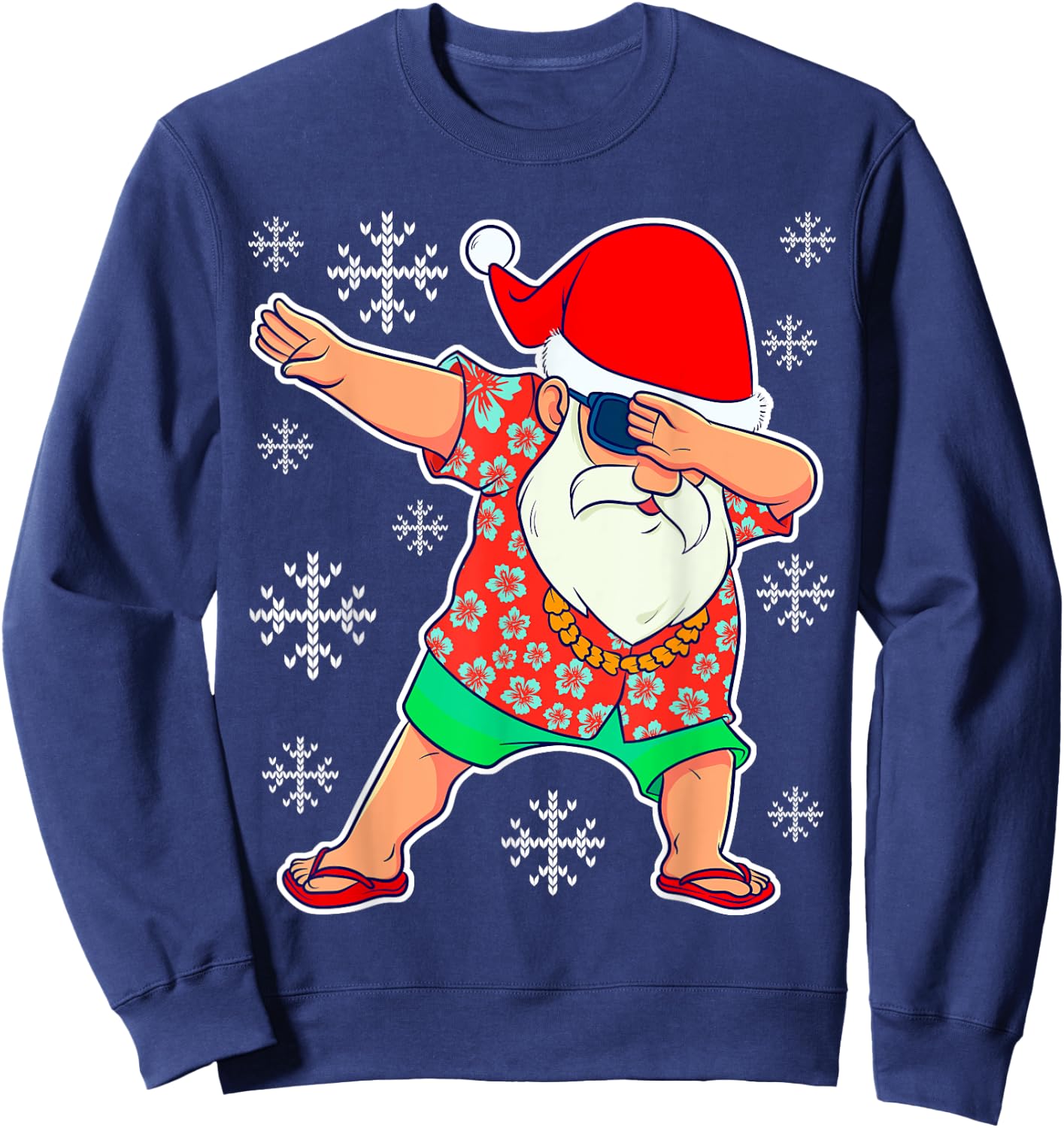 Dabbing Santa, Christmas Summer Tropical Hawaiian Xmas Dab Short Sleeve Sweatshirt - Sweatshirt | Navy