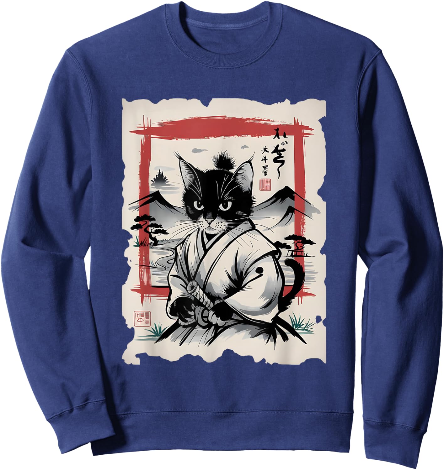 Samurai Cat Sumi-e Graphic - Vintage Warrior Japanese Art Men Women Girls Kids Sweatshirt - Sweatshirt | Navy