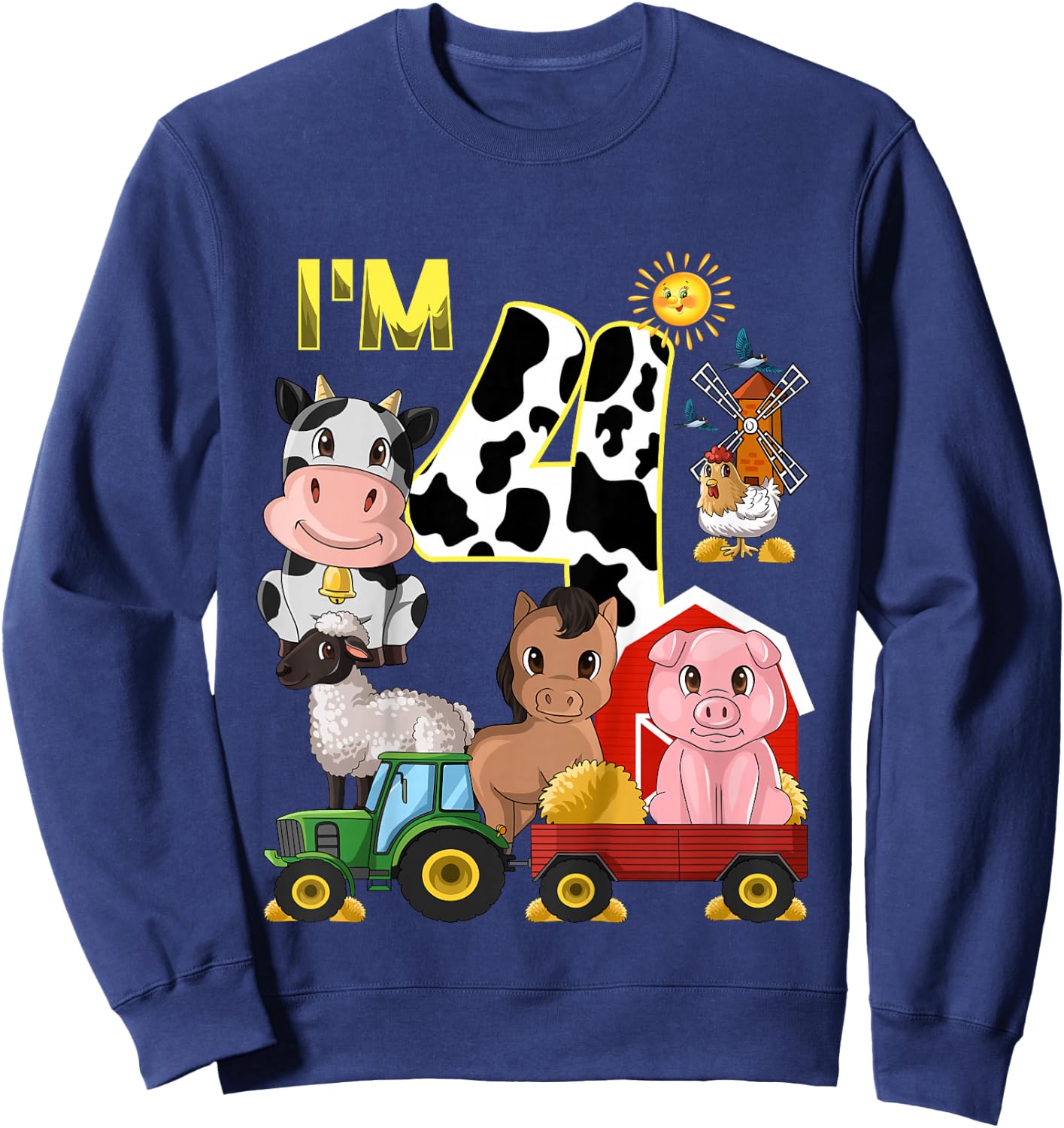 Kids Farm Animals Tractor 4th Birthday 4 Year Old Birthday Party Sweatshirt - Sweatshirt | Navy
