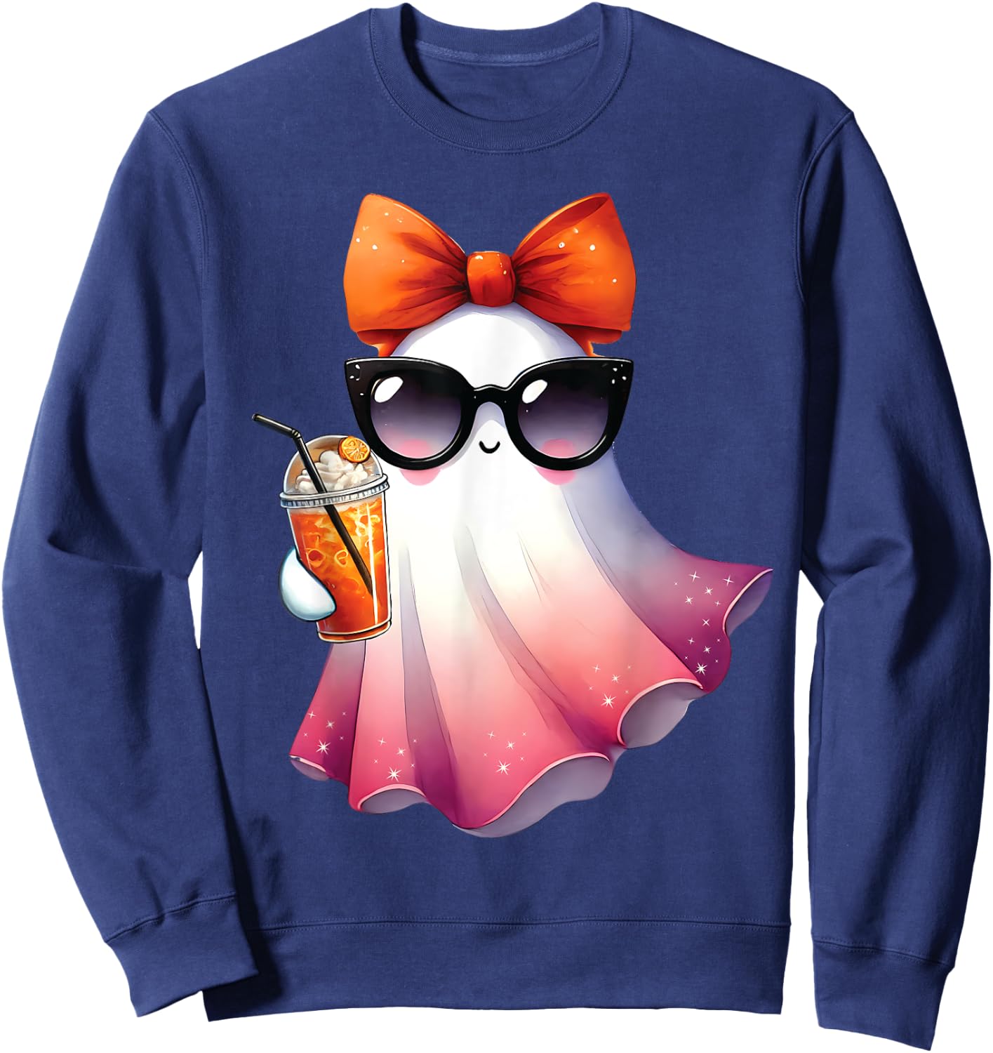 Cute Ghost Drinking Coffee With Halloween Bow Girls Sweatshirt - Sweatshirt | Navy
