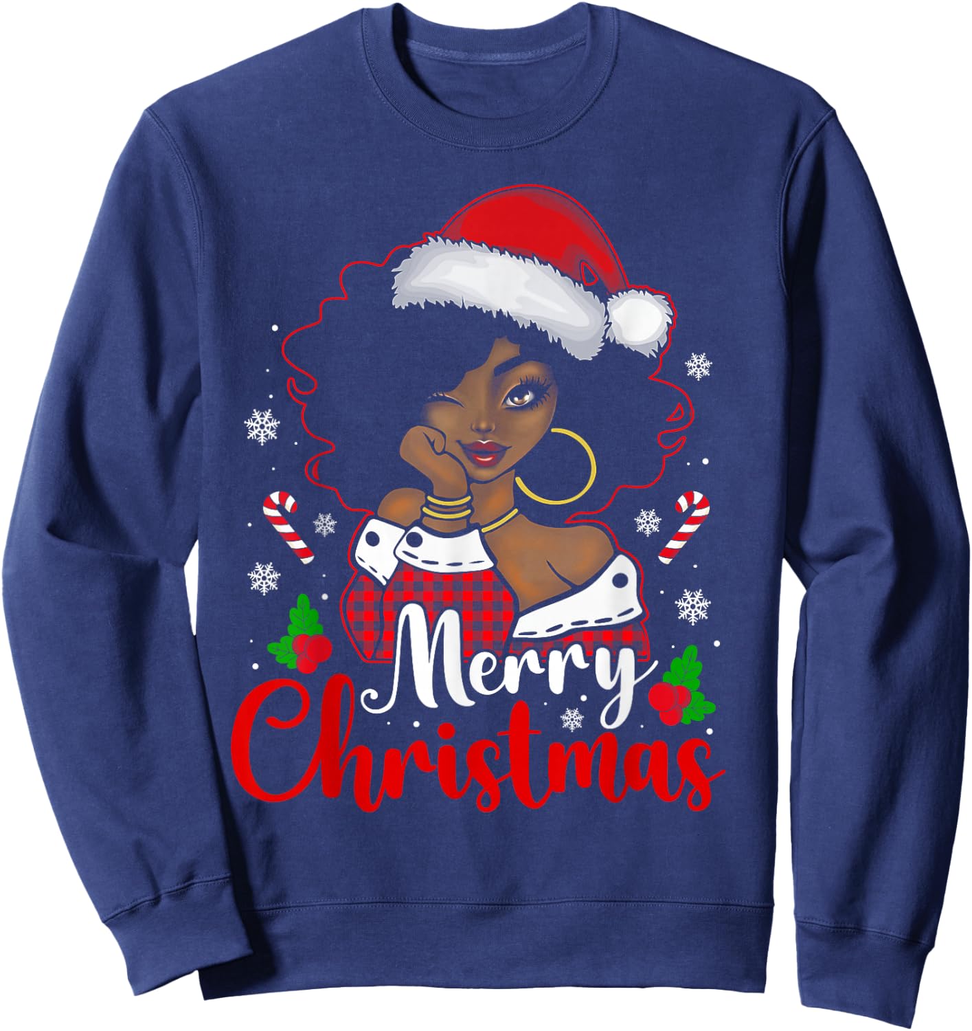Merry Christmas Black African Girl Santa Hat Xmas Pajamas Sweatshirt - Sweatshirt | Navy