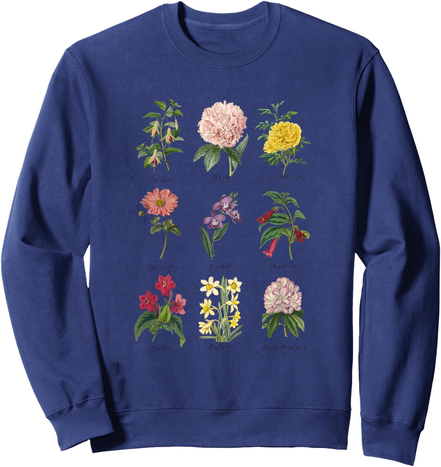 Vintage Botanical Floral Flower , White Sweatshirt - Sweatshirt | Navy