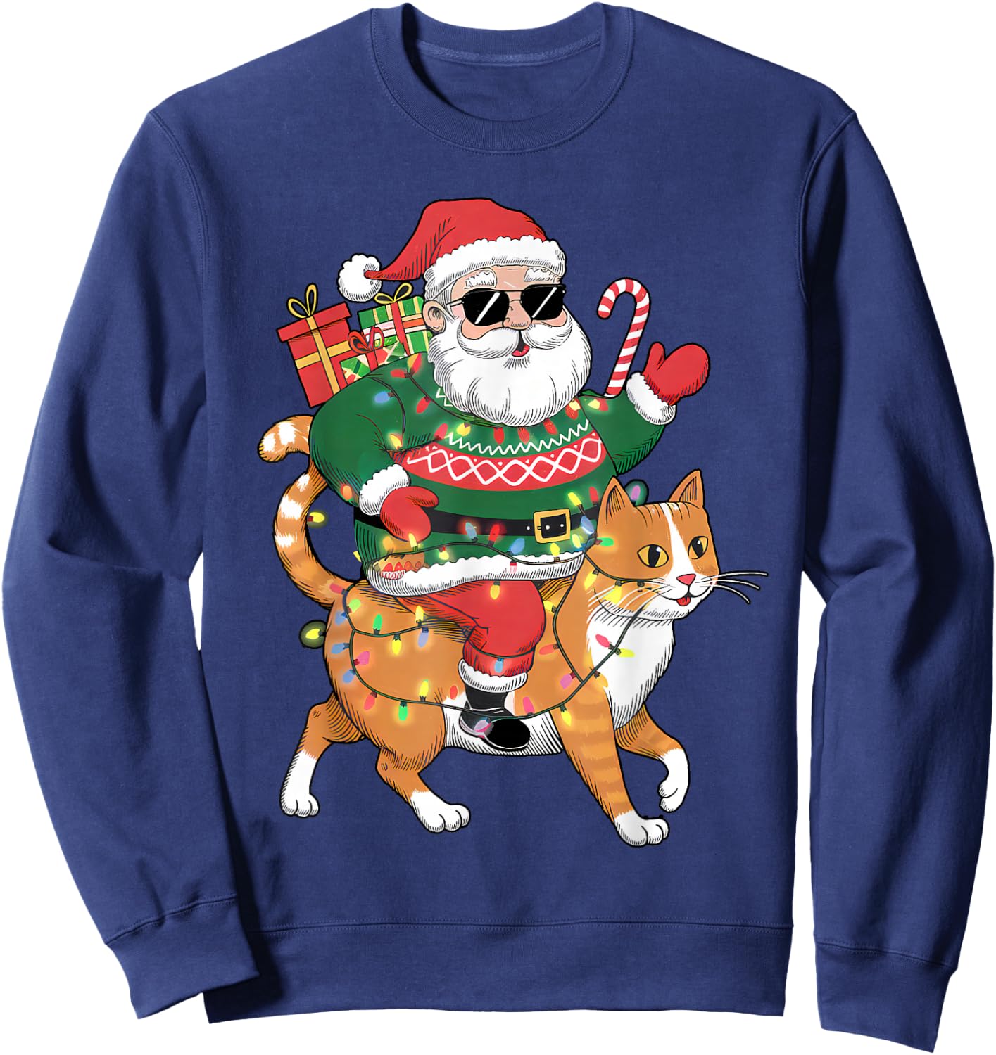 Merry Christmas Santa Claus Riding Cat Funny Christmas Sweatshirt - Sweatshirt | Navy