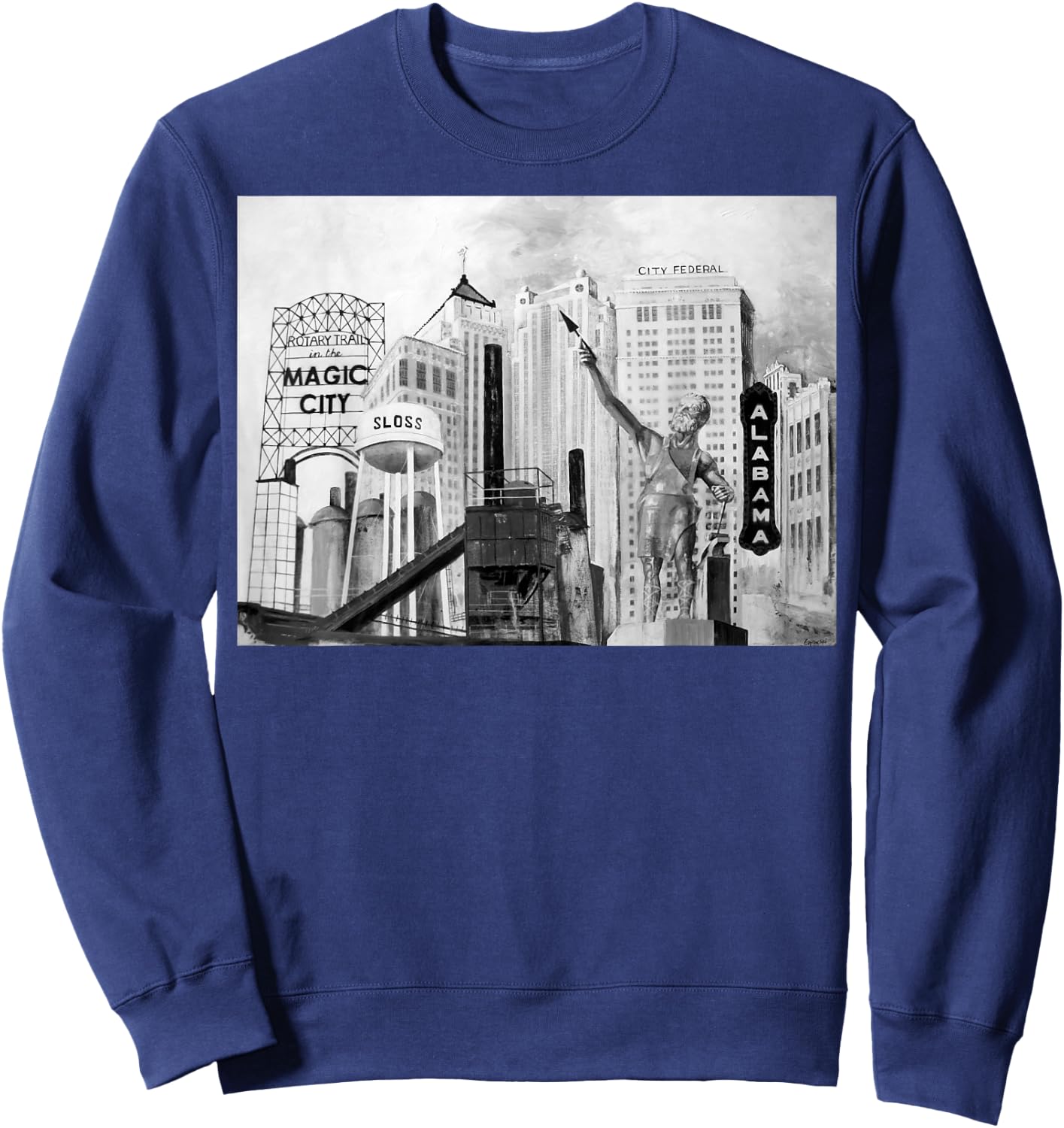 Landmarks of Birmingham, Alabama incl Vulcan, Sloss Furnaces Sweatshirt - Sweatshirt | Navy