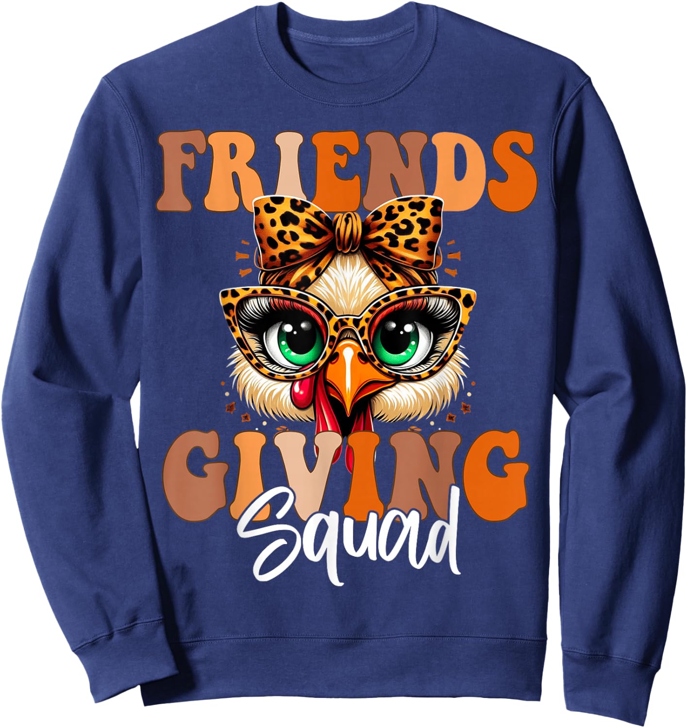 Friends Squad Thanksgiving 2024 Turkey Face Leopard Sweatshirt - Sweatshirt | Navy