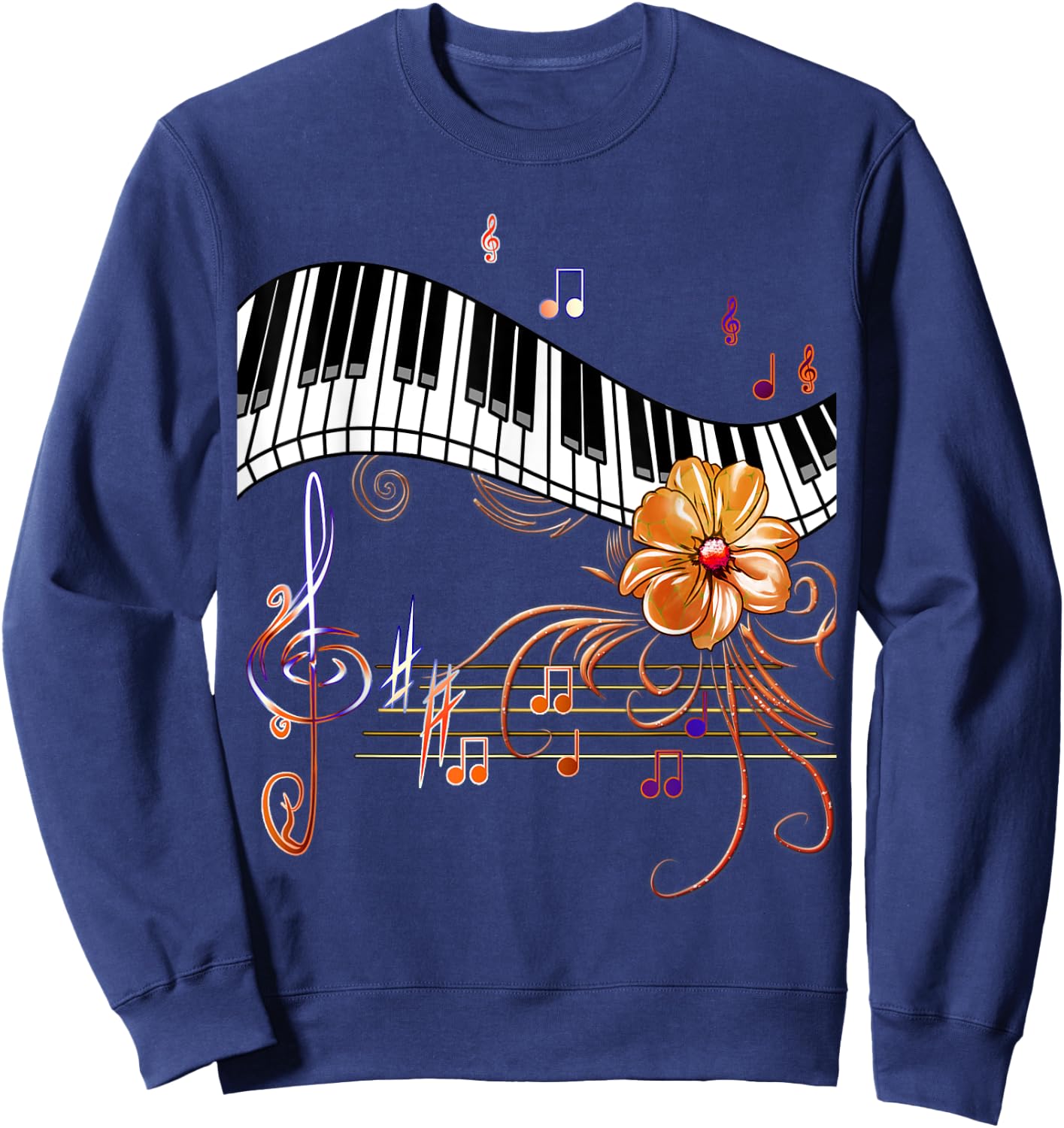 Piano Musically Keyboard Gold Flower Sweatshirt - Sweatshirt | Navy