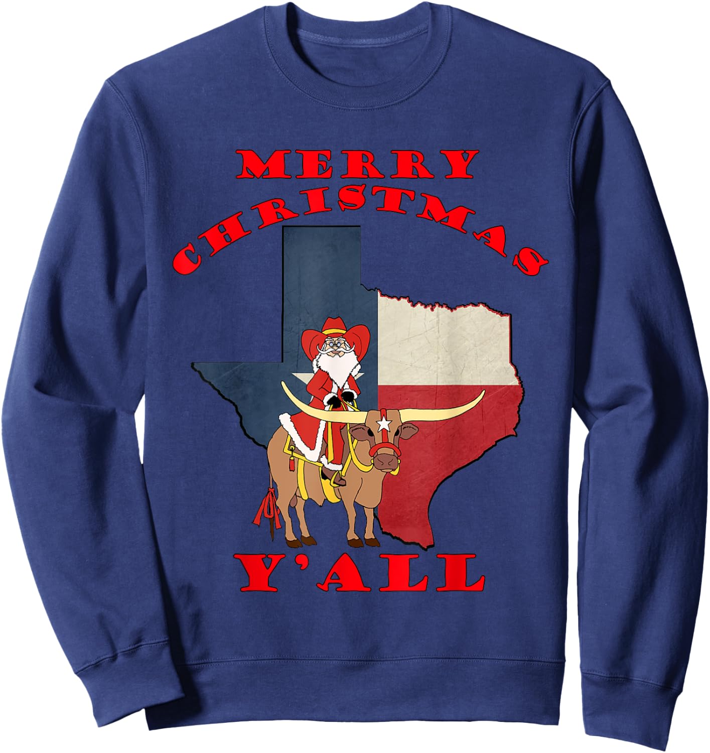 Texas Merry Christmas Y'all Santa On Bull Design Sweatshirt - Sweatshirt | Navy