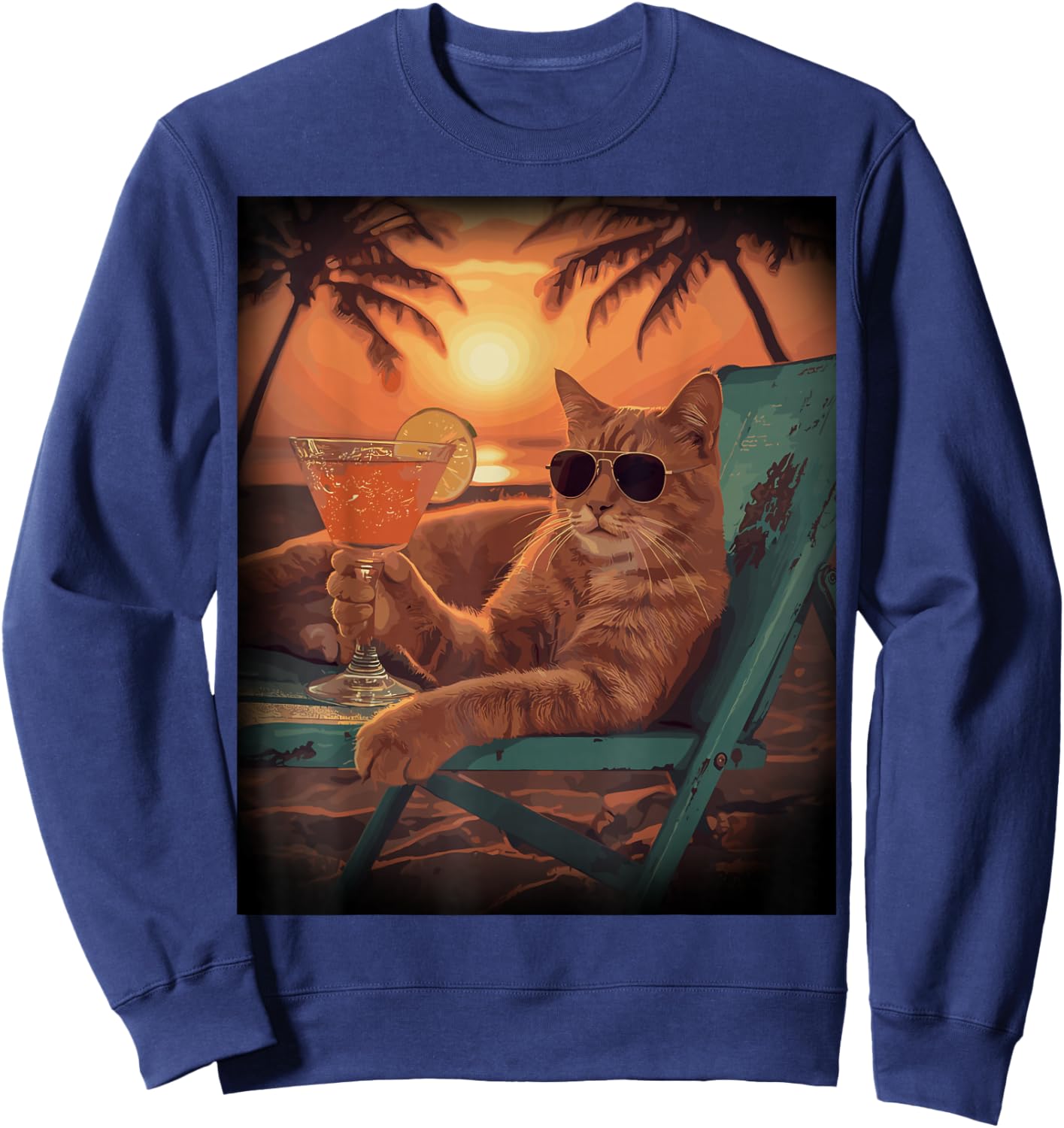 Chillin Cat Vacation Sun Glasses Beach Palm Tree Sweatshirt - Sweatshirt | Navy