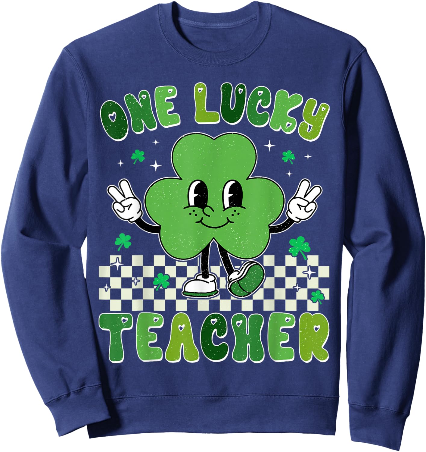 Groovy One Lucky Teacher Shamrock Face St Patrick's Day Sweatshirt - Sweatshirt | Navy