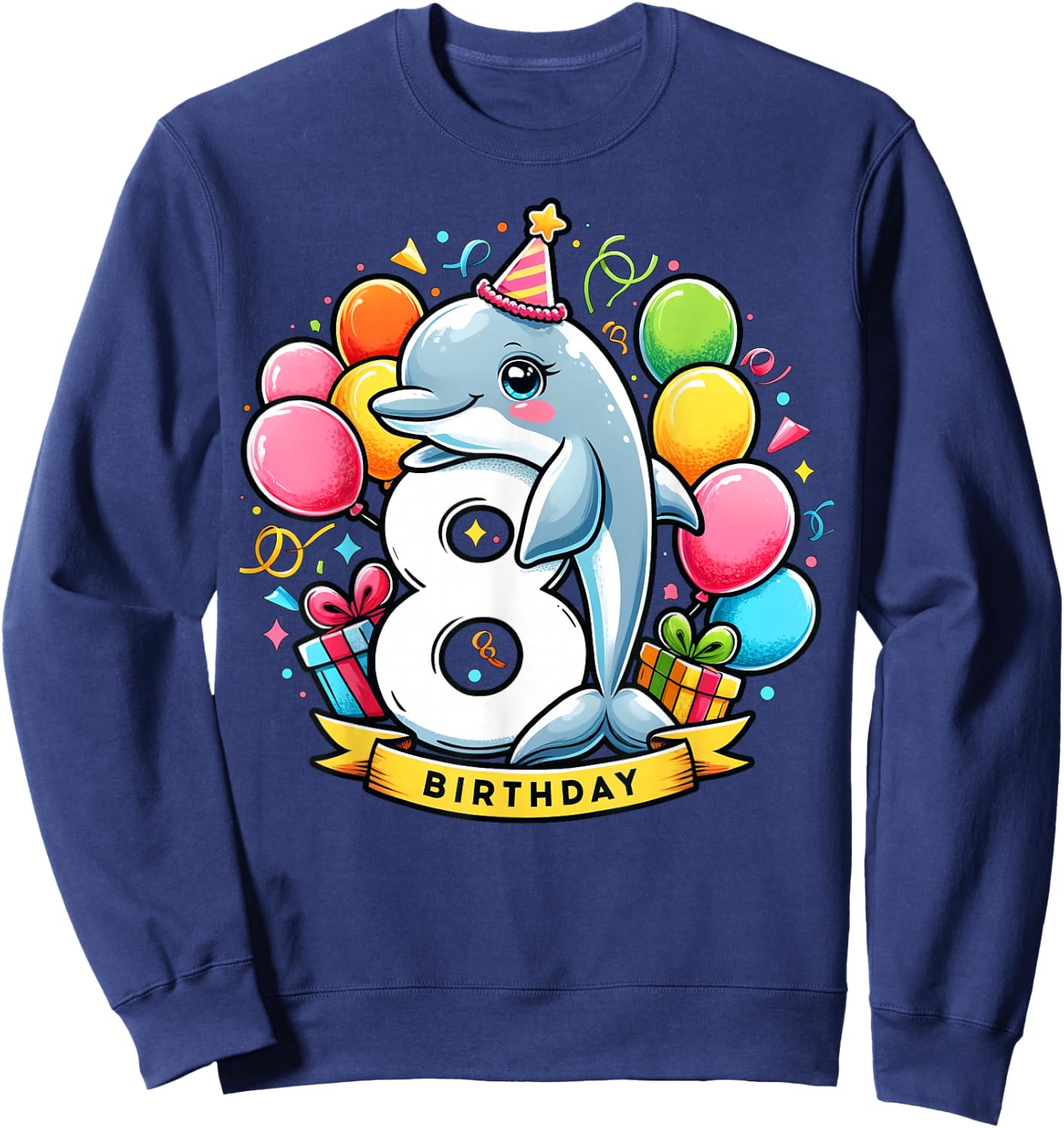 Dolphin 8th birthday boy girl 8 years old eight Dolphin Sweatshirt - Sweatshirt | Navy