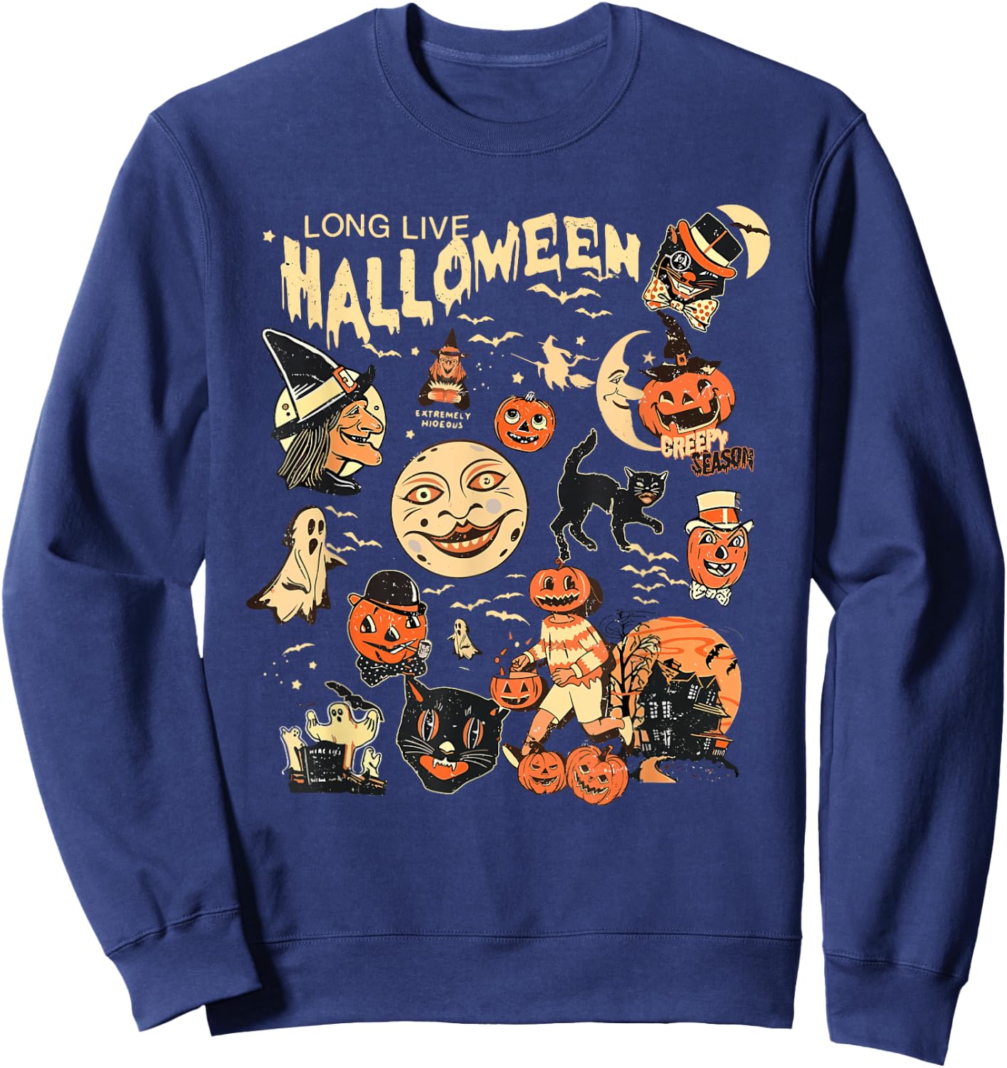 Long Live Halloween Funny Pumpkin Bat Halloween Black Cat Sweatshirt - Sweatshirt | Navy