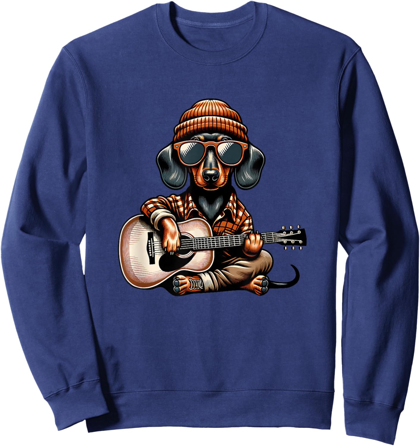 Cool Dachshund Playing Acoustic Guitar with Sunglasses Sweatshirt - Sweatshirt | Navy