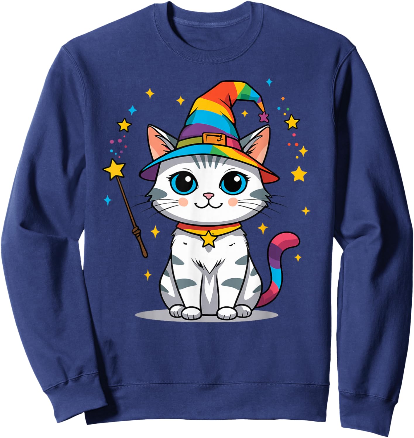 Cute Kawaii Wizard Cat Rainbow Witch Magic Sweatshirt - Sweatshirt | Navy