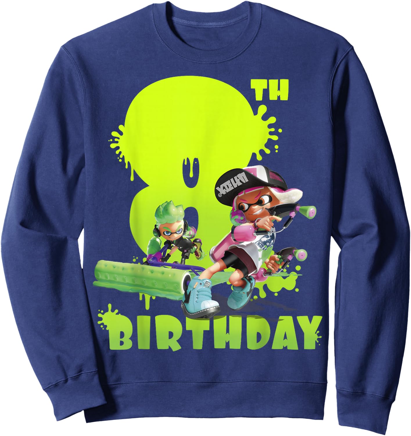 Splatoon Inkling 8th Birthday Green Splatter Portrait Sweatshirt - Sweatshirt | Navy