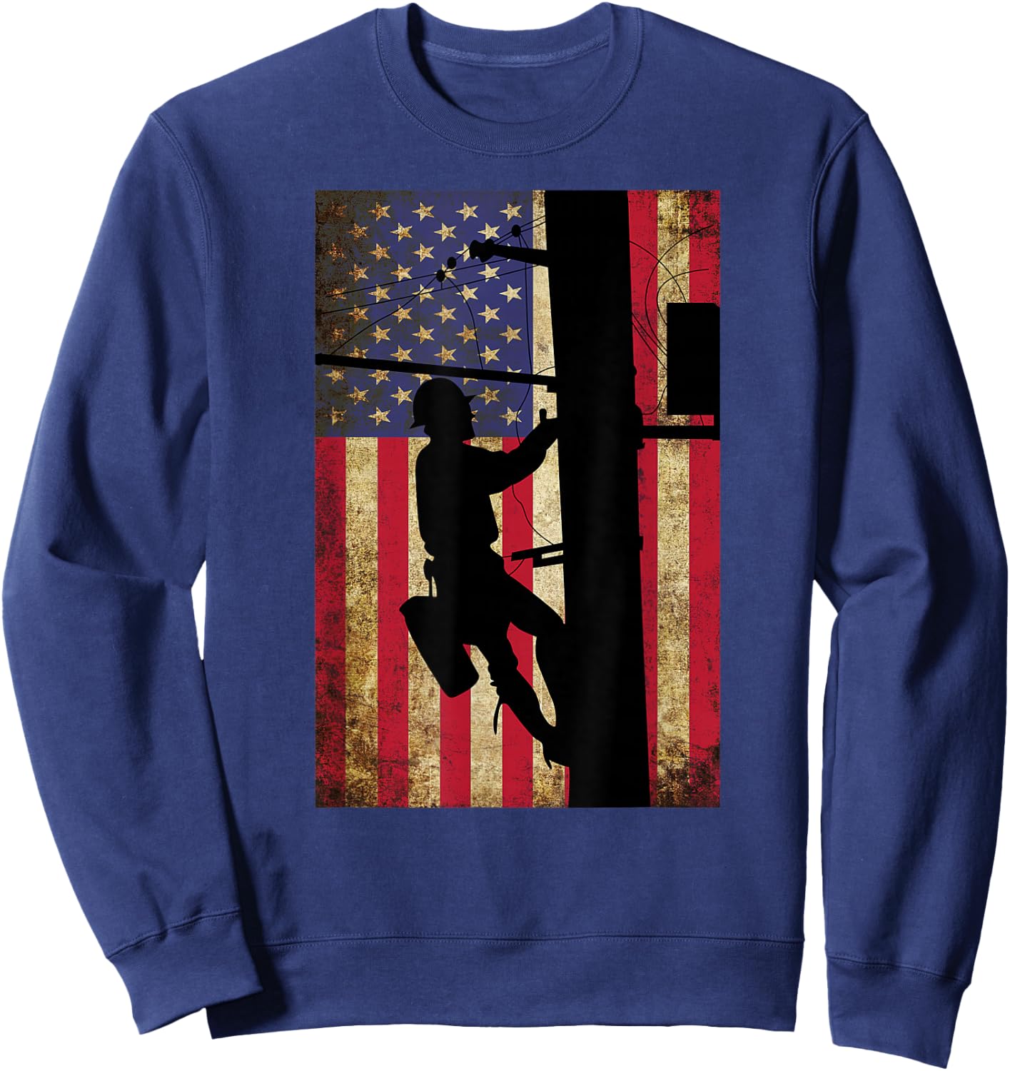 Lineman American Flag Shirt | Electric Cable Lineman Gift Sweatshirt - Sweatshirt | Navy