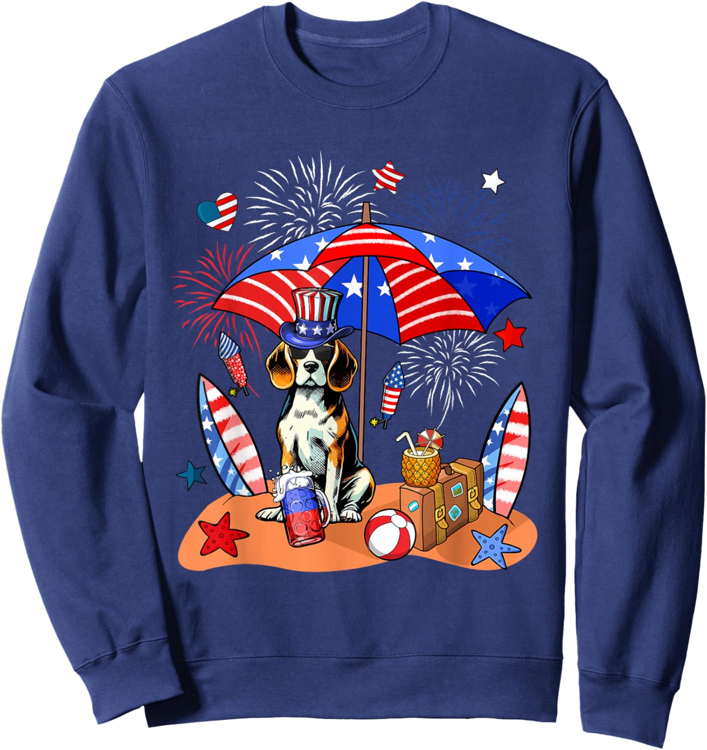 Beagle Sunglasses Relaxing On Beach 4th Of July US Flag Sweatshirt - Sweatshirt | Navy