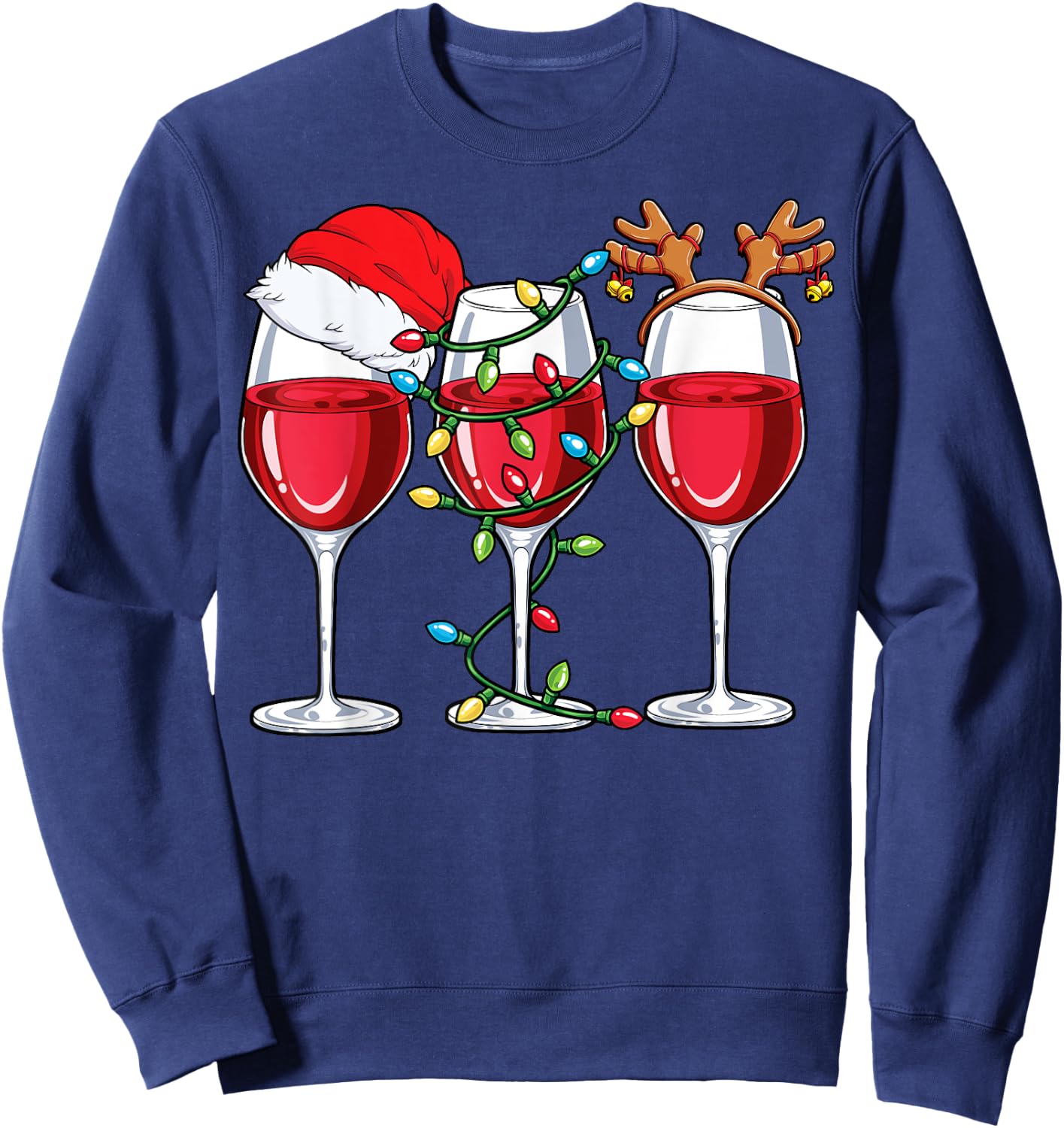 Wine Christmas Santa Hat Xmas Lights Reindeer Antlers Women Sweatshirt - Sweatshirt | Navy