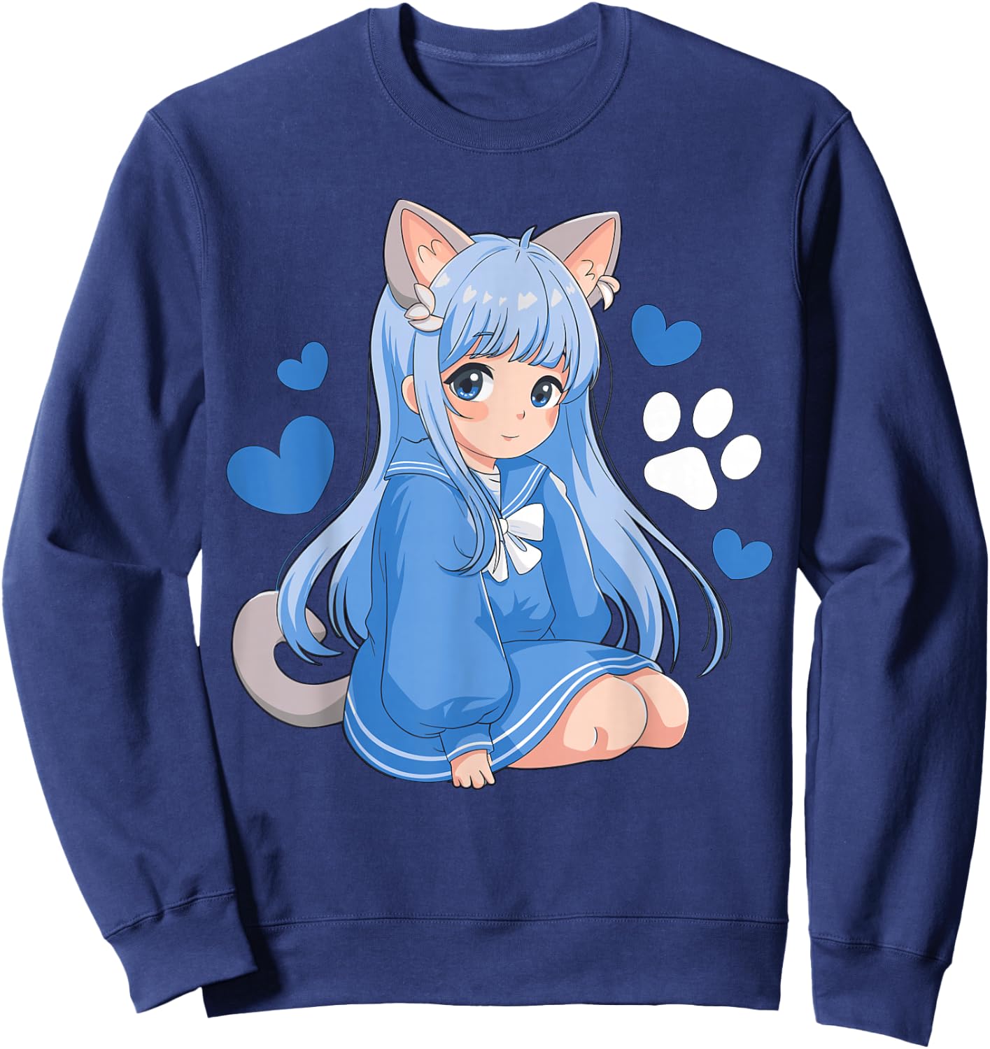 Magical and Funny Anime Girl Gifts -Kids Anime Cat Girl Black Small Classic Fit Short Sleeve Cotton Blend Sweatshirt - Sweatshirt | Navy