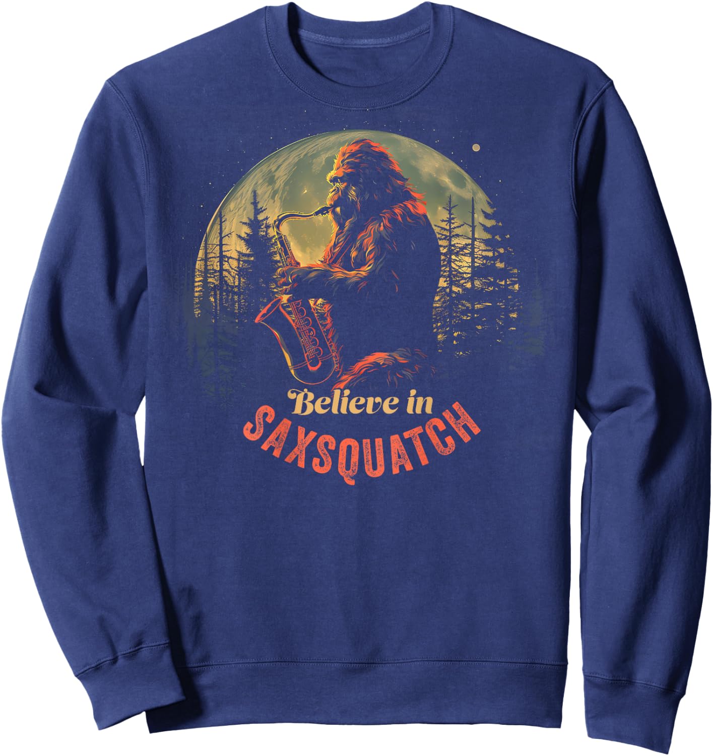 Yeti Bigfoot Playing Saxophone Sax-Squatch Back of Sweatshirt - Sweatshirt | Navy