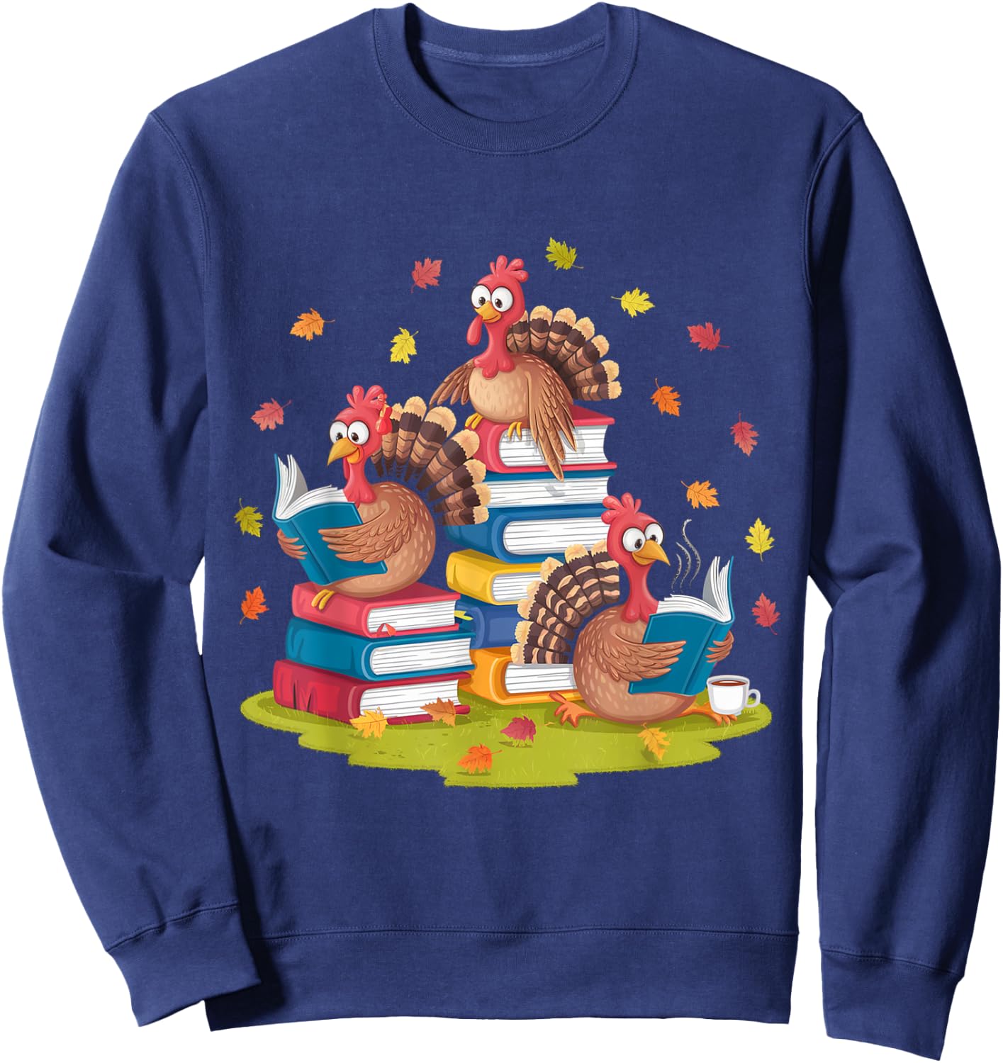 Turkey Reading Books Fall Season Thanksgiving Teacher Book Sweatshirt - Sweatshirt | Navy