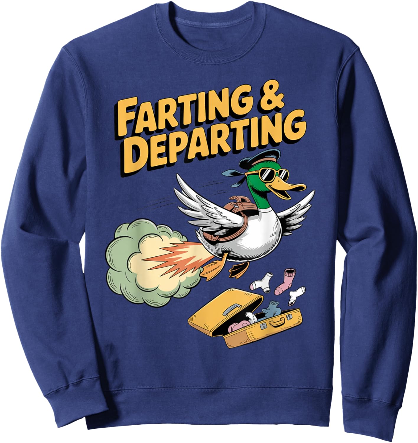 Funny Duck Farting Departing Travel Humor Airport Swap Ugly Sweatshirt - Sweatshirt | Navy