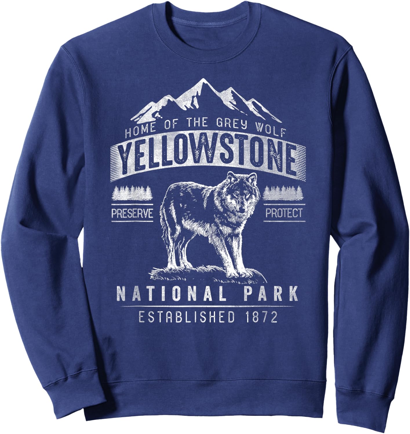 Vintage Grey Wolf Yellowstone National Park Sweatshirt - Sweatshirt | Navy