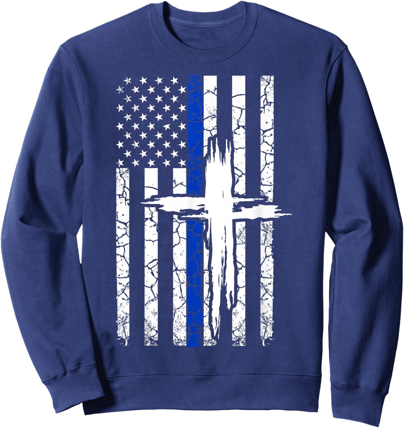 Thin Blue Line T Shirt with a Cross for Policemen & Families Sweatshirt - Sweatshirt | Navy