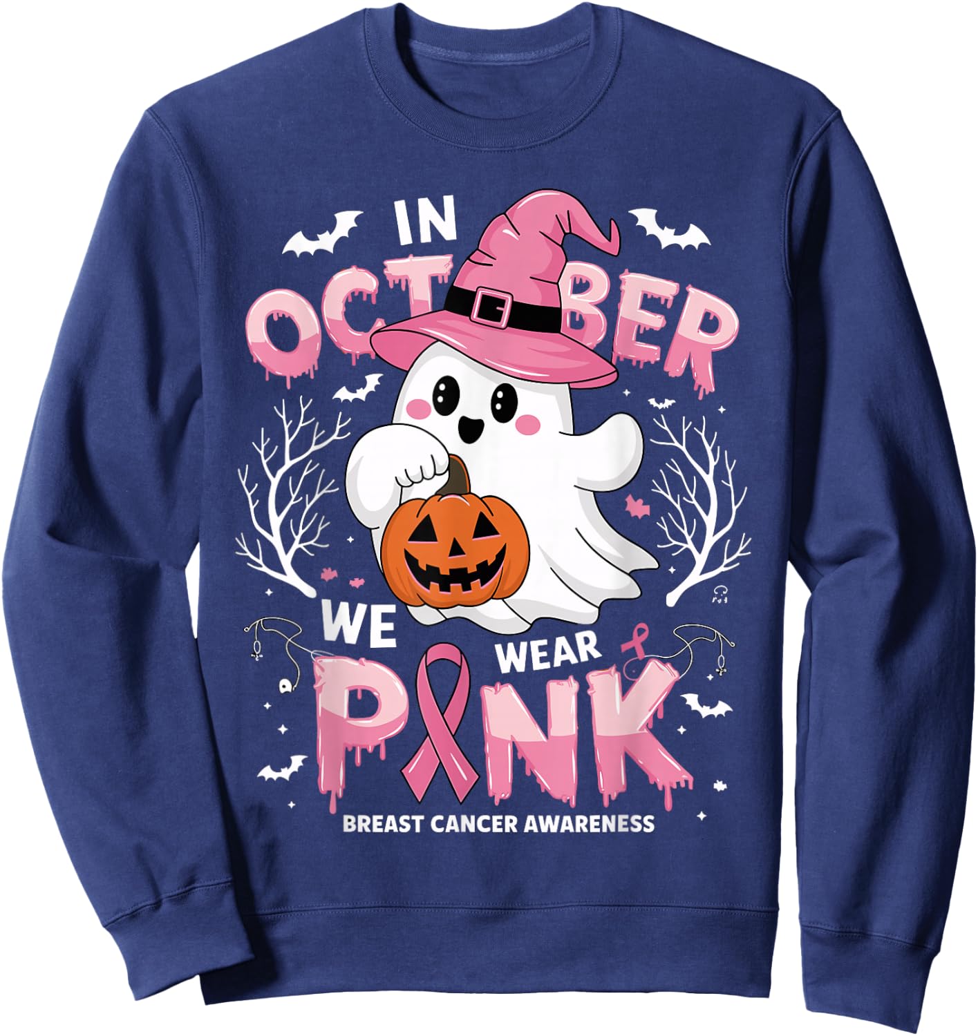 In October We Wear Pink shirt Ghost Breast Cancer Awareness Sweatshirt - Sweatshirt | Navy