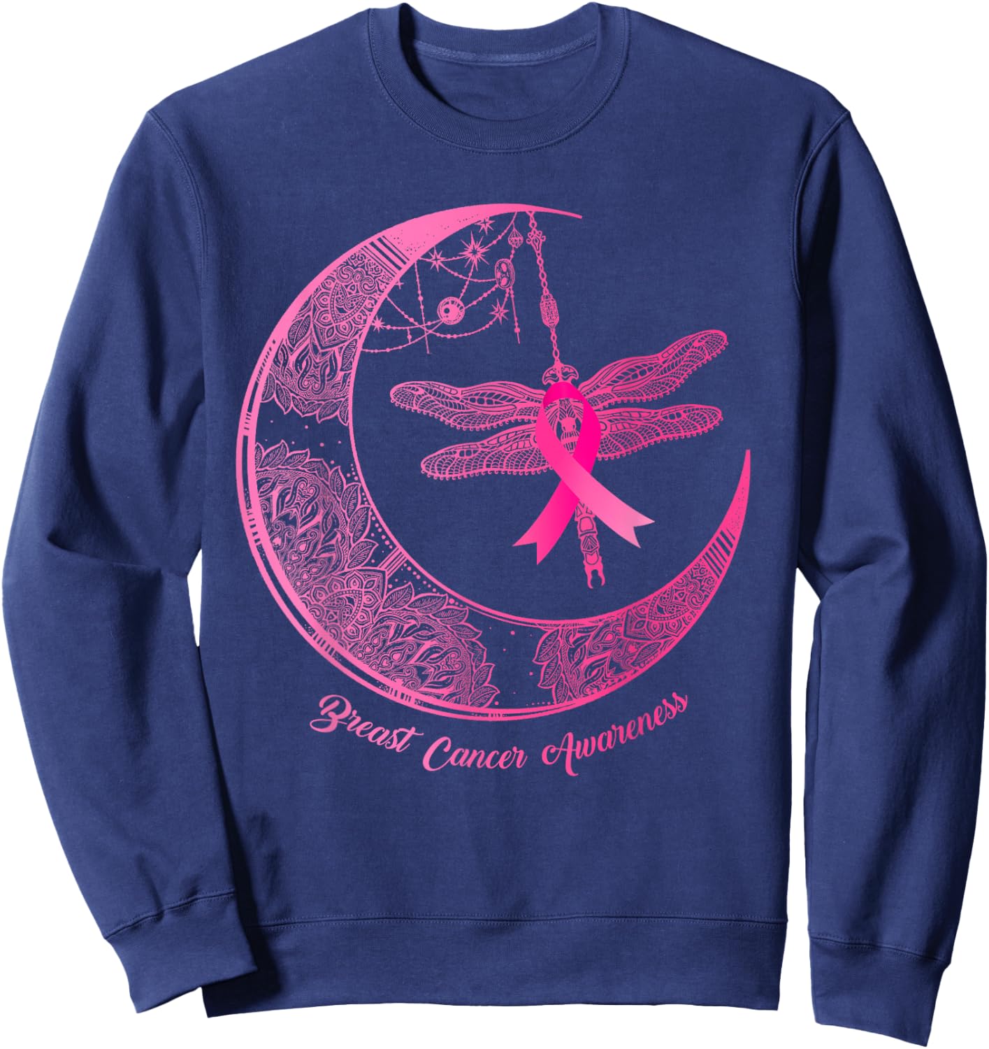 Henna Moon Dragonfly Pink Ribbon Breast Cancer Awareness Sweatshirt - Sweatshirt | Navy