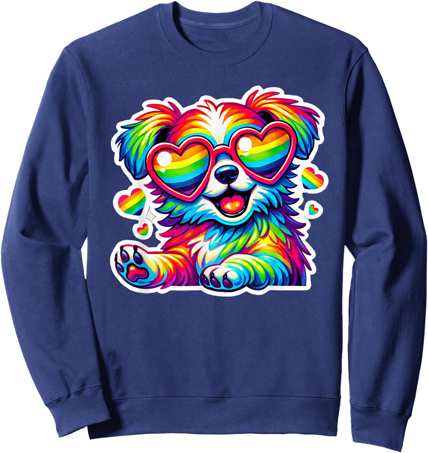 Rainbow Dog with Glasses Heart Cute Puppy Dog Colorful Lover Women Kids Sweatshirt - Sweatshirt | Navy