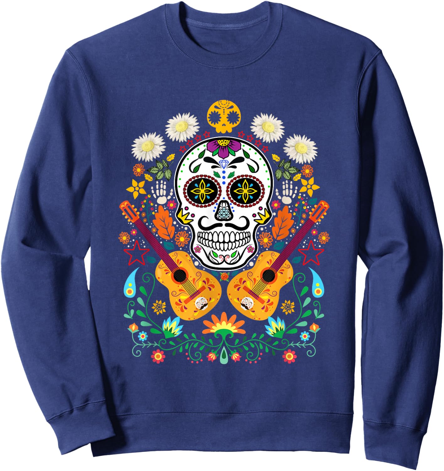 Flower Guitar Skull Day of the Dead Gifts Mariachi Sweatshirt - Sweatshirt | Navy