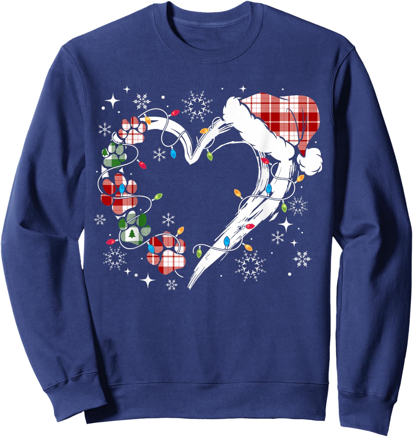 Dog Paw Print Heart Santa Hat Christmas Lights Animal Lover Sweatshirt - Sweatshirt | Navy