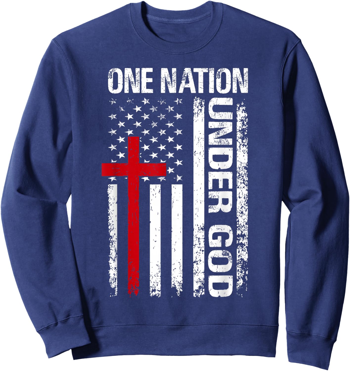 One Nation Under Vintage God Cross Christian American Flag Sweatshirt - Sweatshirt | Navy