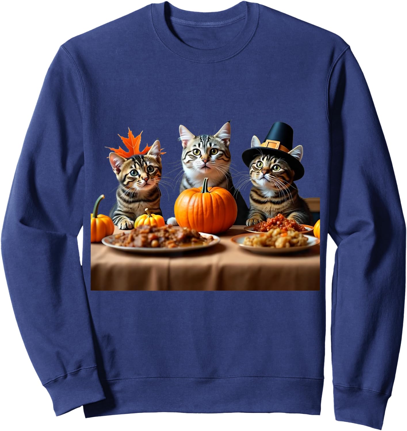 Thanksgiving Cats Dinner Feast Vintage Fall Men Women Kids Sweatshirt - Sweatshirt | Navy