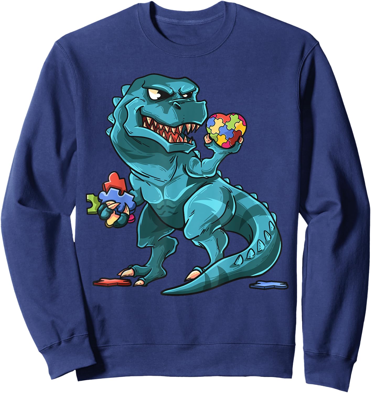 Autism Awareness Dinosaur Shirt | T-Rex Heart Puzzle Pieces Sweatshirt - Sweatshirt | Navy