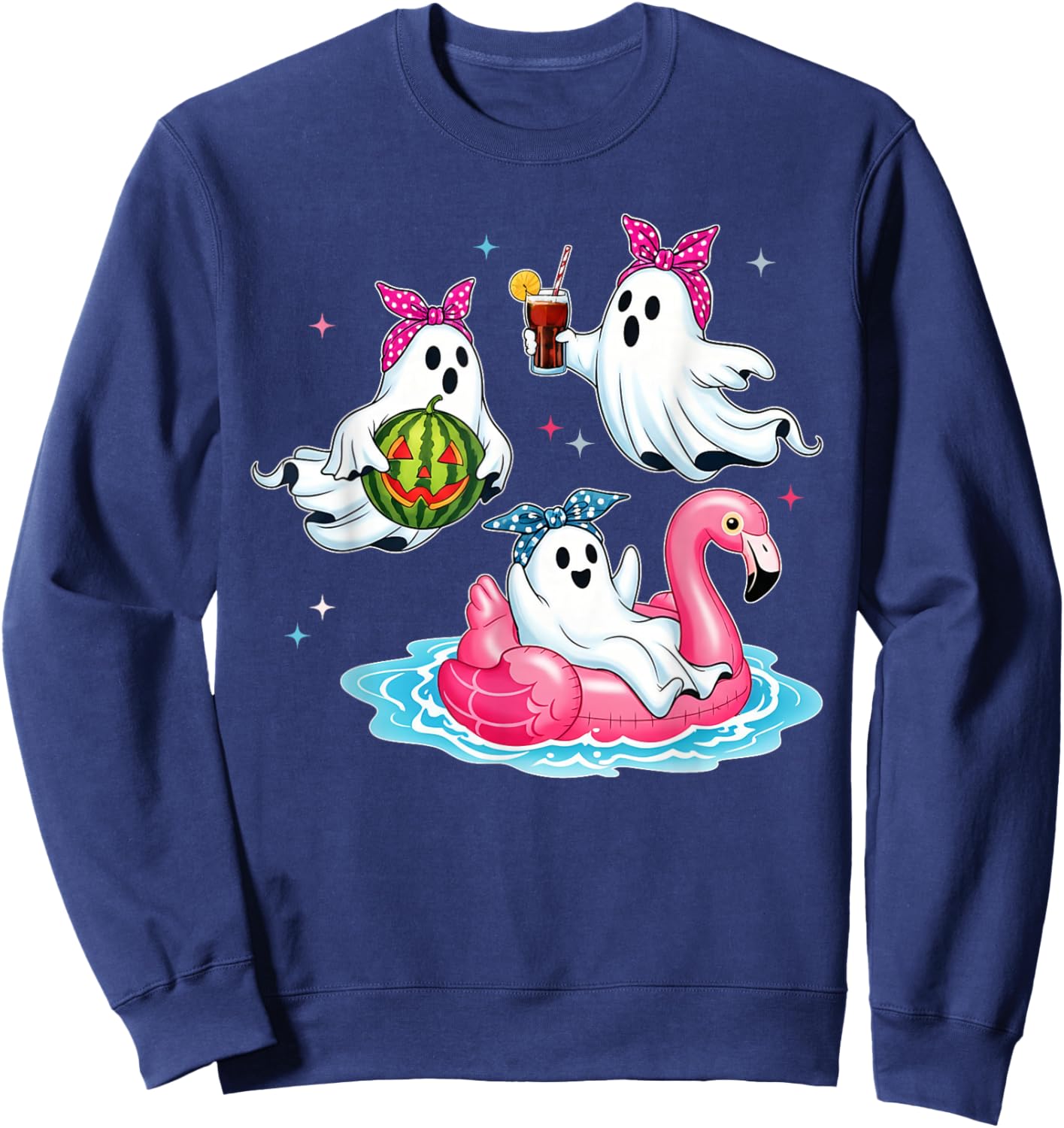 Ghost with Flamingo, Floating Watermelon, Jack o Lantern Party Sweatshirt - Sweatshirt | Navy