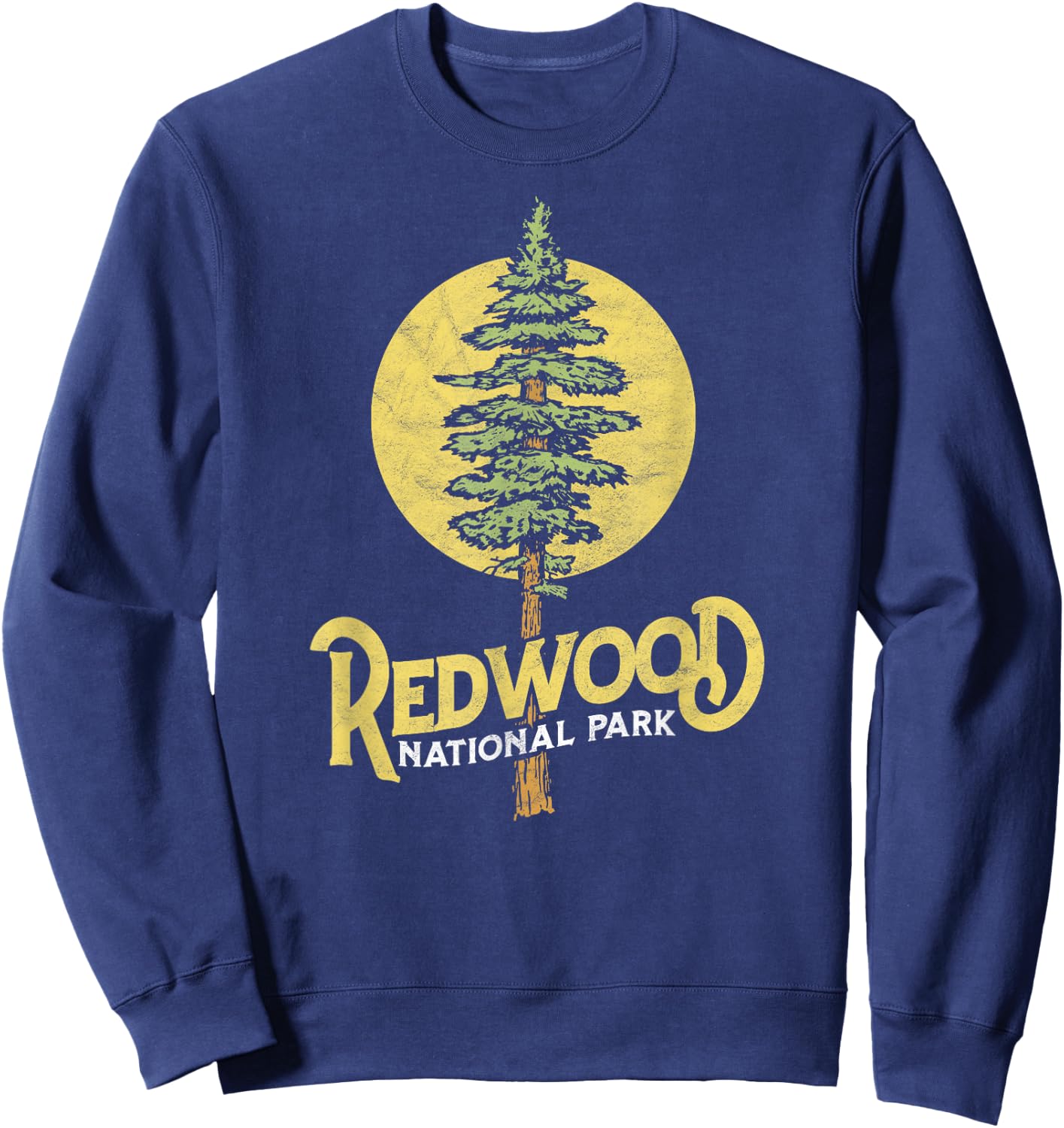 Redwood National Park Retro Vibe Distressed Tree Graphic Sweatshirt - Sweatshirt | Navy
