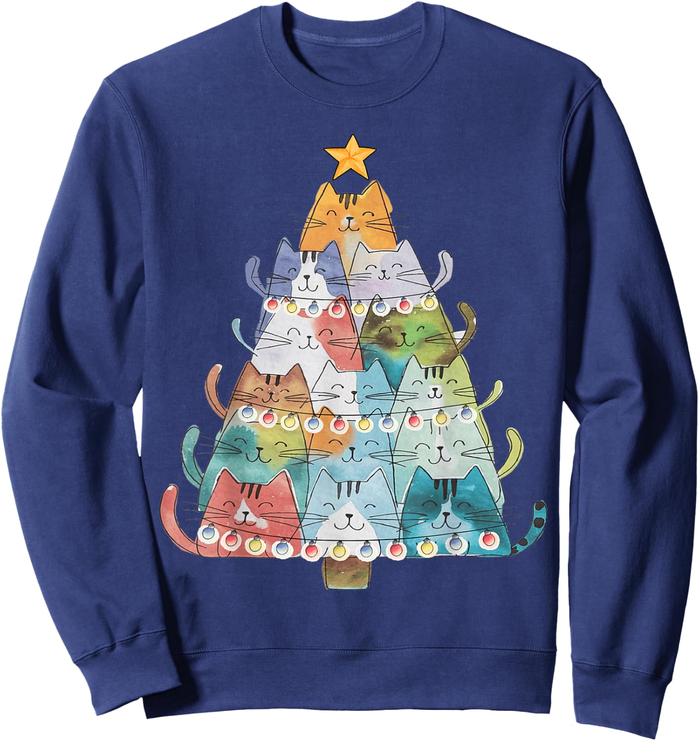 Funny Cat Christmas Tree Xmas Cat Lover Cat Graphic Women Kids Sweatshirt - Sweatshirt | Navy