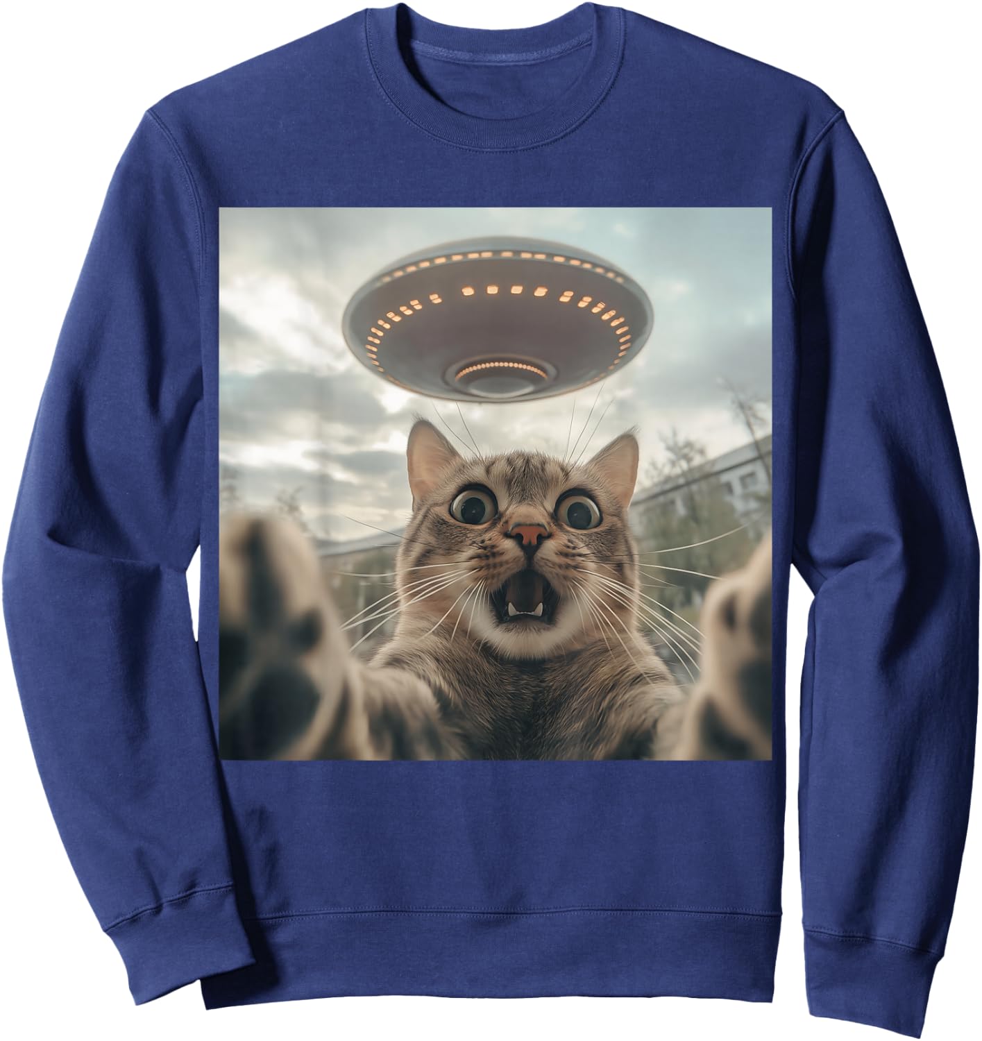 Cat Selfie With Alien UFO Funny Cat Sweatshirt - Sweatshirt | Navy