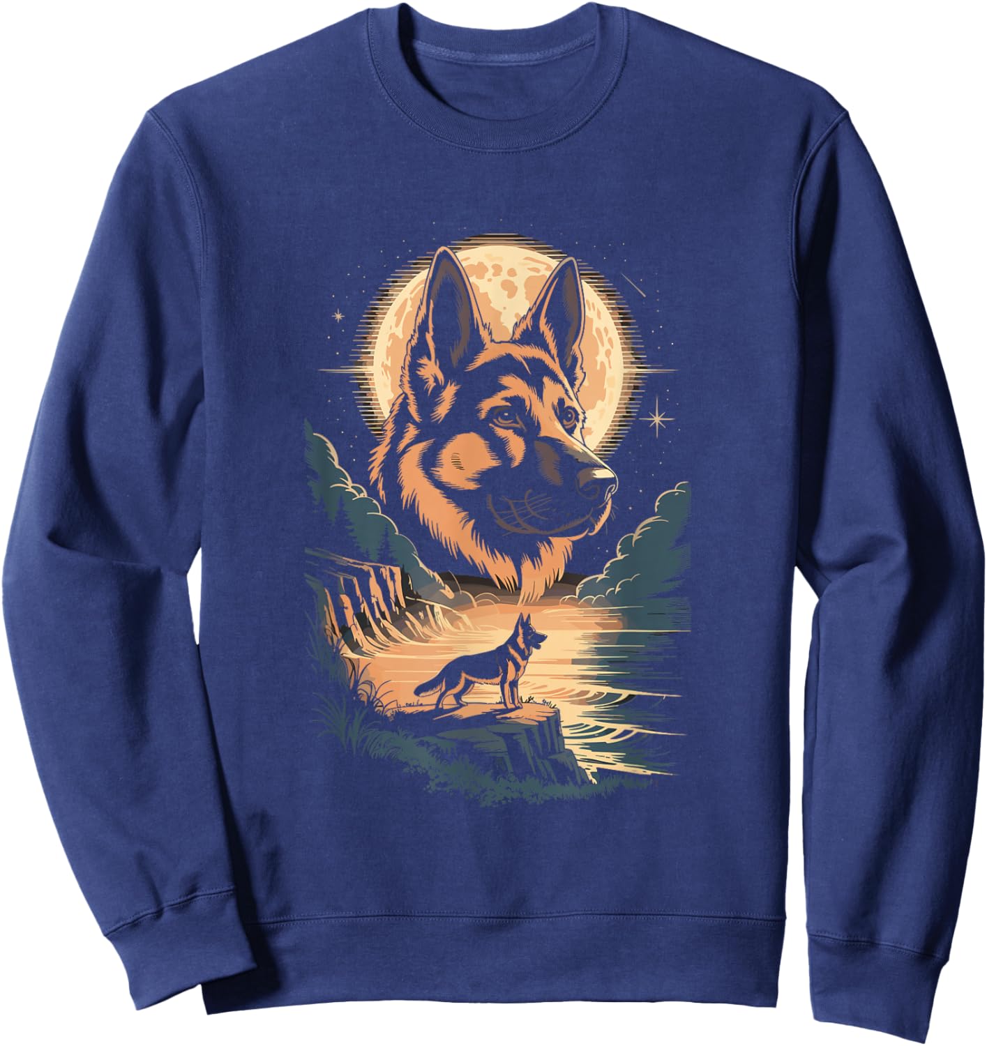 Moonlit German Shepherd Dog Night Lake Scene Sweatshirt - Sweatshirt | Navy