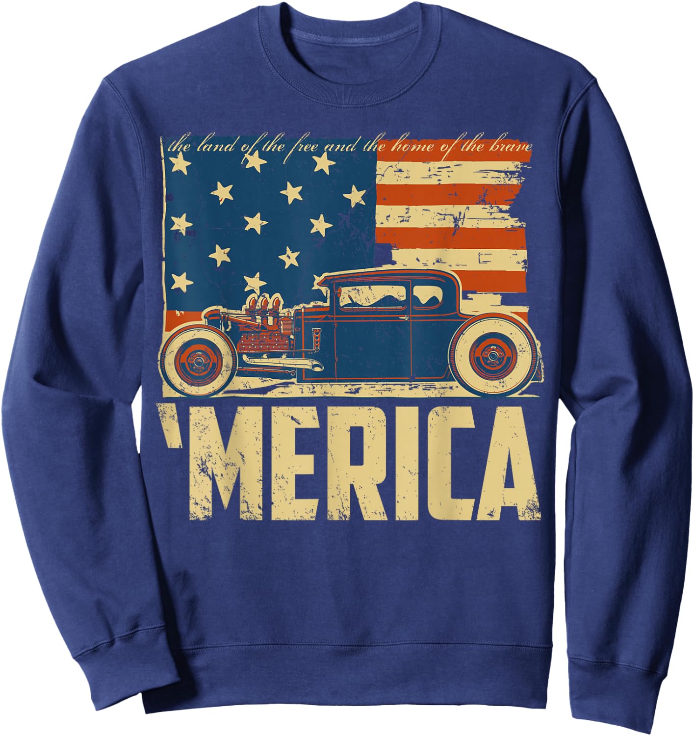 American Flag Hot Rod Custom Car Merica 4th of July Sweatshirt - Sweatshirt | Navy