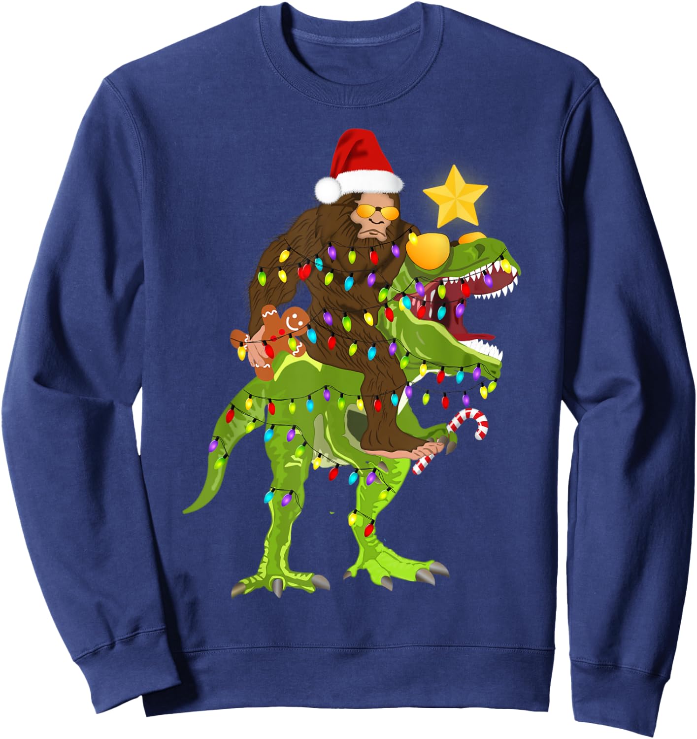 Xmas Tree Rex Yeti Bigfoot Sasquatch Riding Dinosaur T Rex Sweatshirt - Sweatshirt | Navy