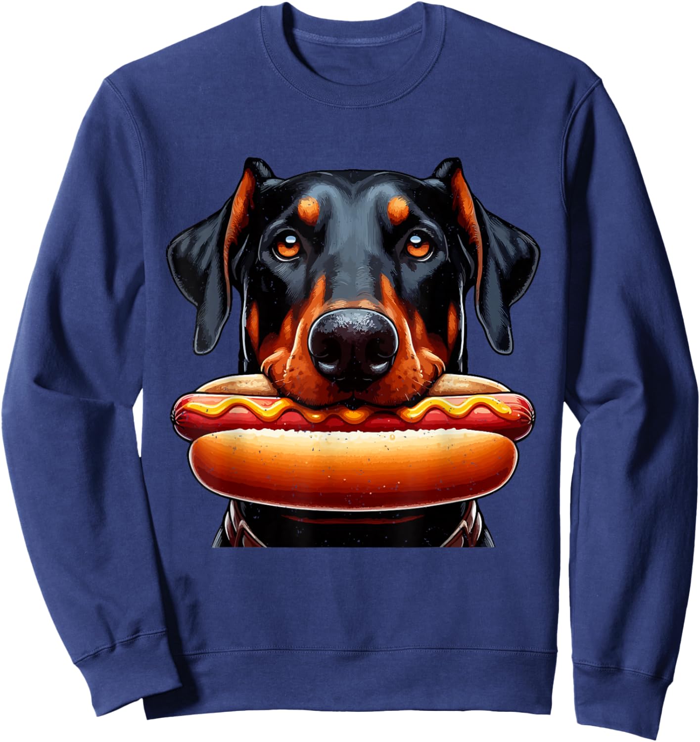 Doberman Eating Hotdog Dog Lover Wiener Sausage Food Lover Sweatshirt - Sweatshirt | Navy