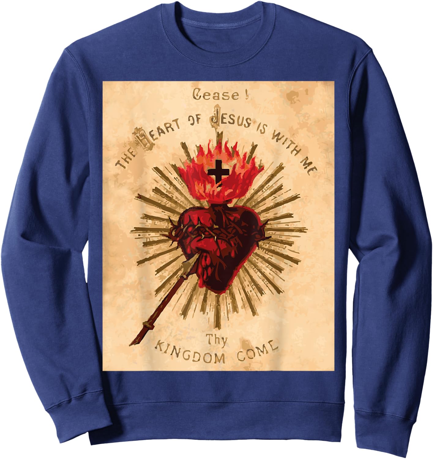 Vintage Sacred Heart of Jesus Catholic Art Traditional Sweatshirt - Sweatshirt | Navy