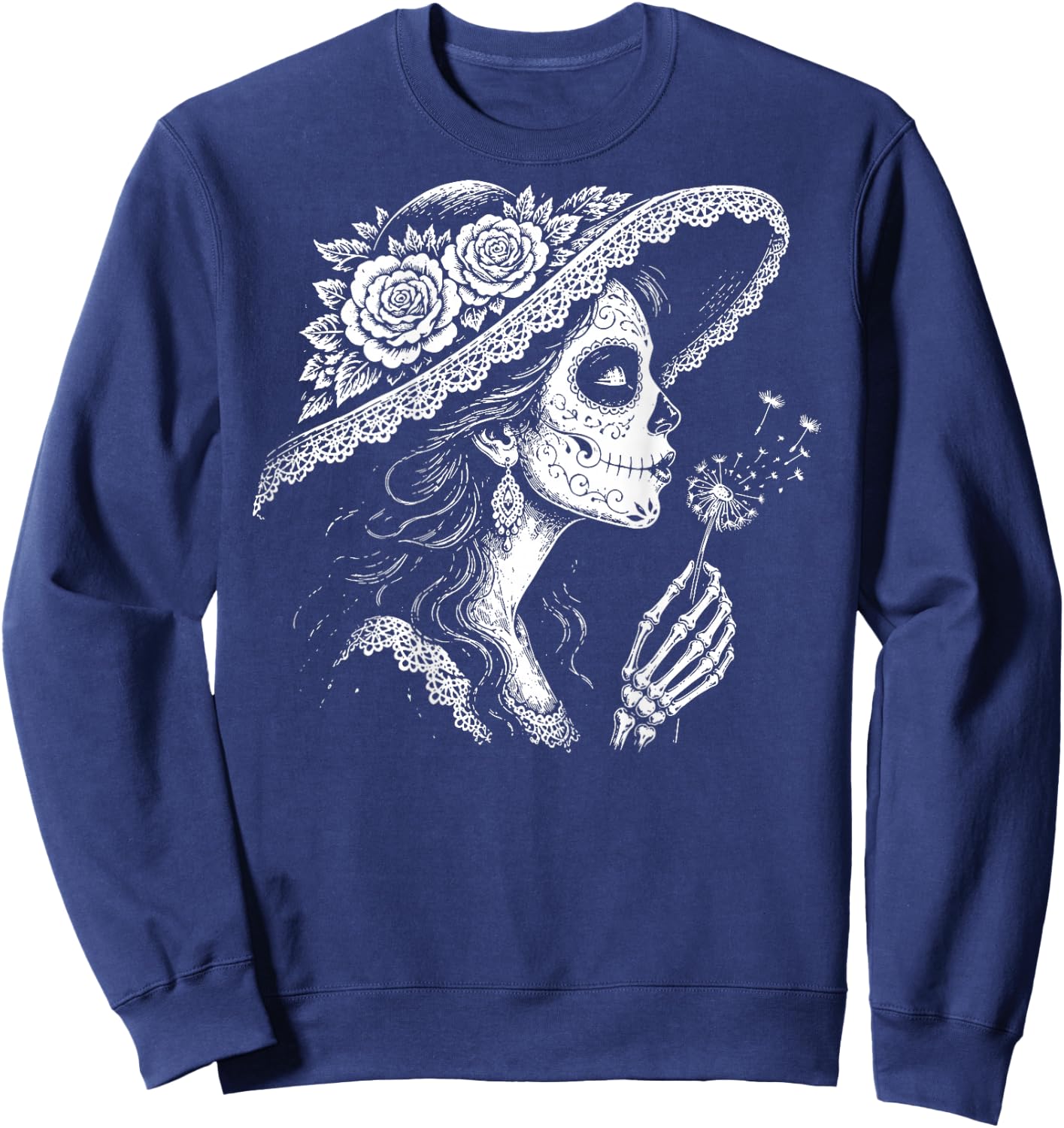 (On Back) la Catrina Blowing Wishes Dandelion Retro Vintage Sweatshirt - Sweatshirt | Navy