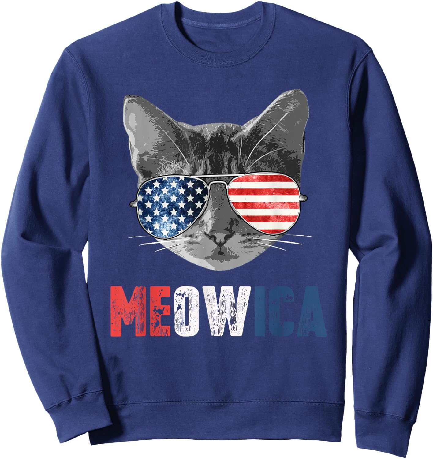 4th of July Shirt Meowica American Flag Cat Sweatshirt - Sweatshirt | Navy